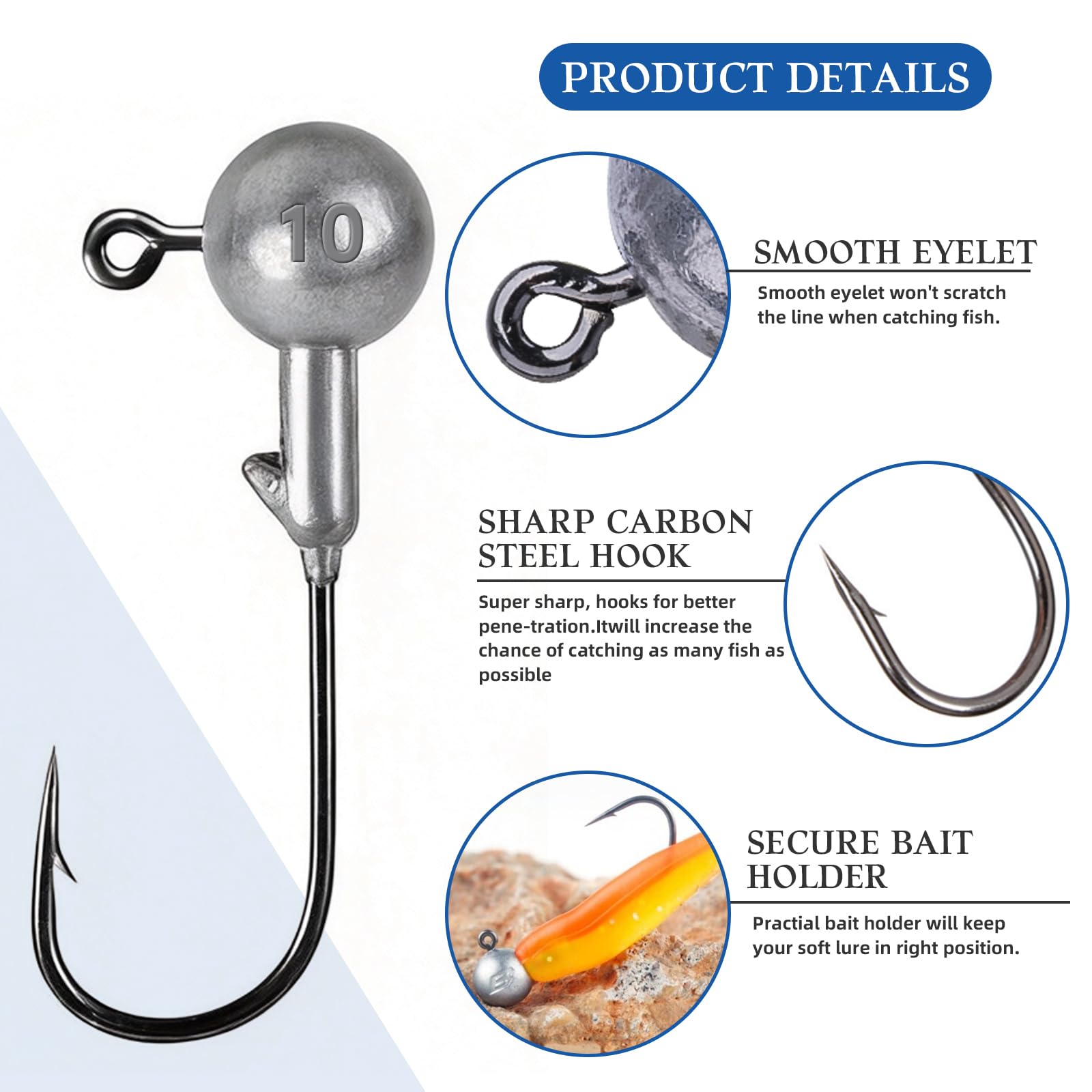 Anzuelos de Pescas Set, 52 Piezas Unidades Anzuelos con Round Jighead 6 Tamaños (1g/2g/3,5g/5g/7g/10g), Jigköpfe Angelhaken para el Cebo Suave, Pesca de Trucha de Lubina