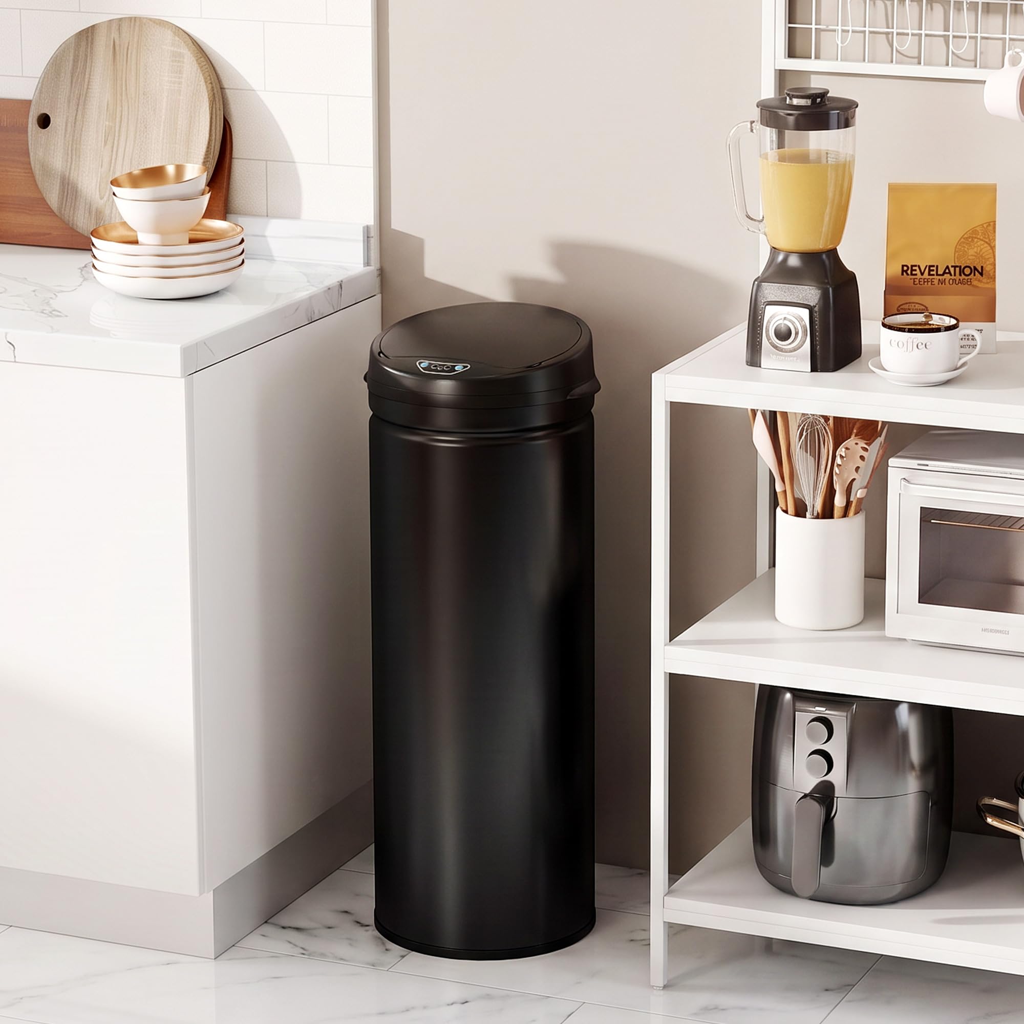 HOMCOM Cubo sensor 50L Soft-Close Automático Sin contacto Negro | Sensor de movimiento, acero inoxidable resistente a huellas, cocina higiénica, uso en oficina en casa