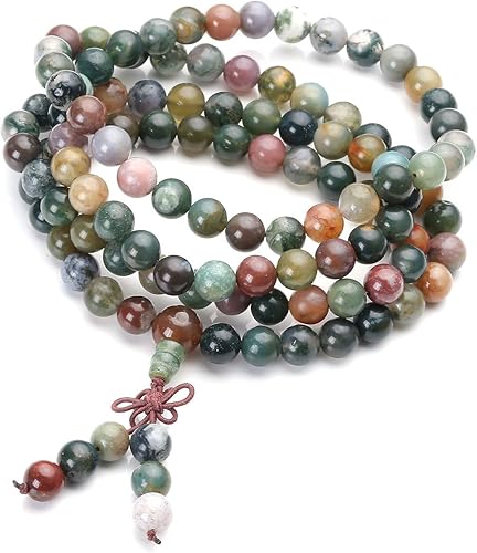 Jovivi Collar de 108 cuentas de oración mala 0315in ágata india natural piedras de cristal curativo