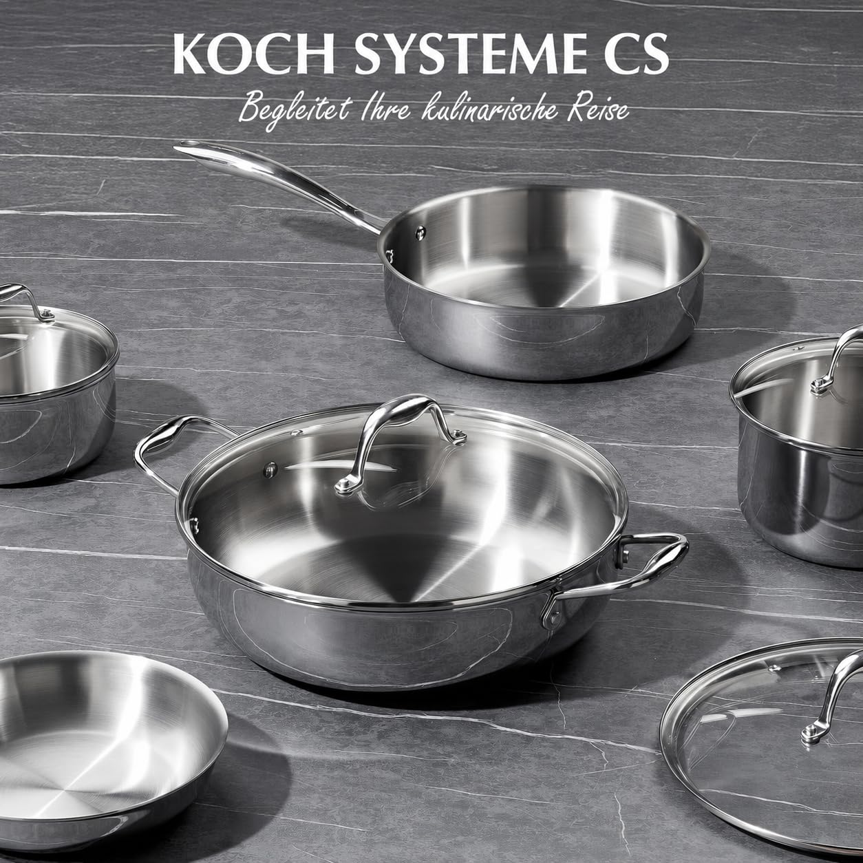 KOCH SYSTEME CS Edelstahl-Sauteuse mit Deckel 30 cm, tiefe Bratpfanne mit 3-Lagige Edelstahlpfanne, 18/10 Edelstahl-Kochfläche, zwei Griffe, induktionsgeeignet, backofen- und spülmaschinengeeignet