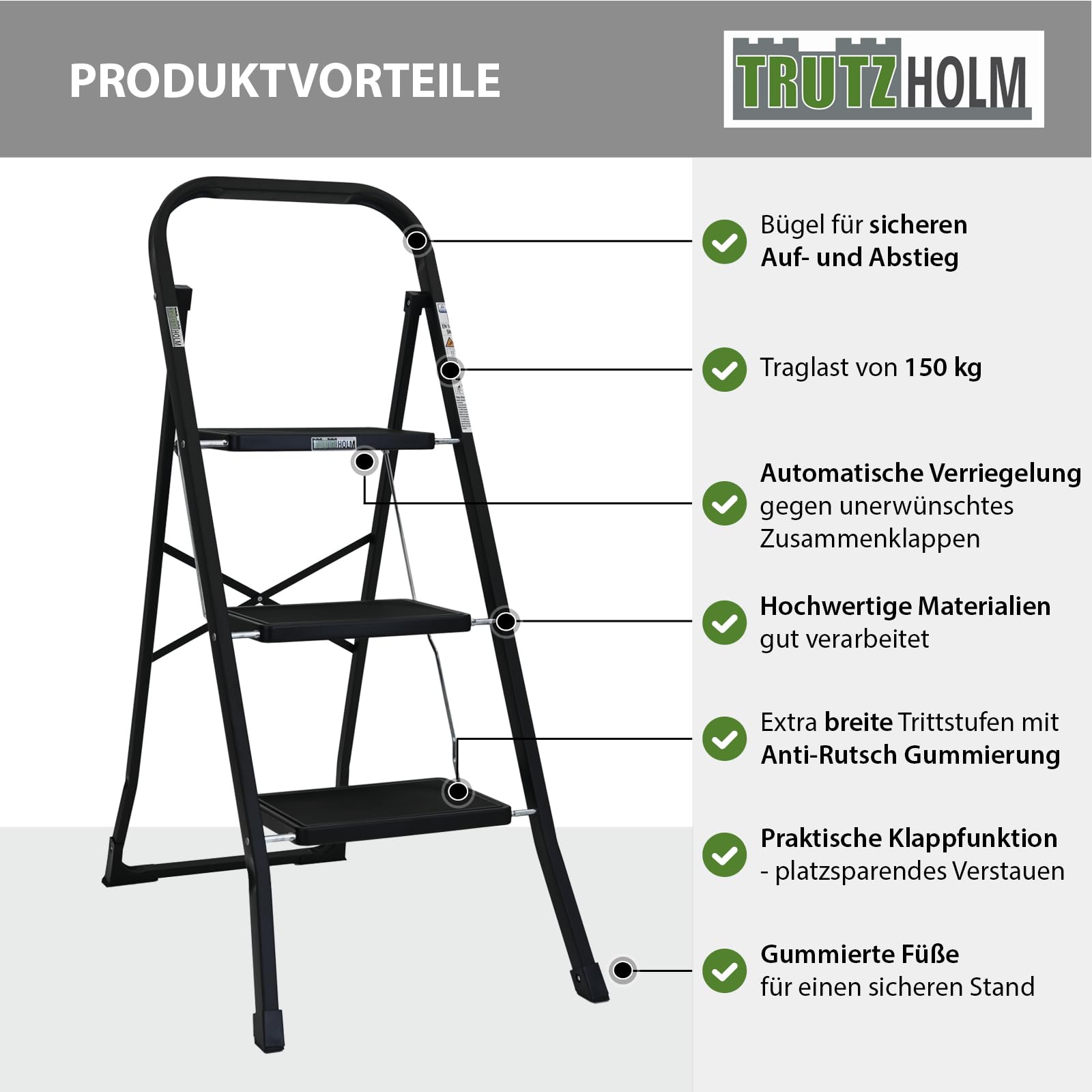 TRUTZHOLM Trittleiter 2 oder 3 Stufen klappbar TÜV/GS Zertifiziert 150 kg Klappleiter Anti-Rutsch Trittflächen & Sicherheitsverriegelung Klapptritt Haushaltstritt Stahl Leiter (Schwarz, 3 Stufen)