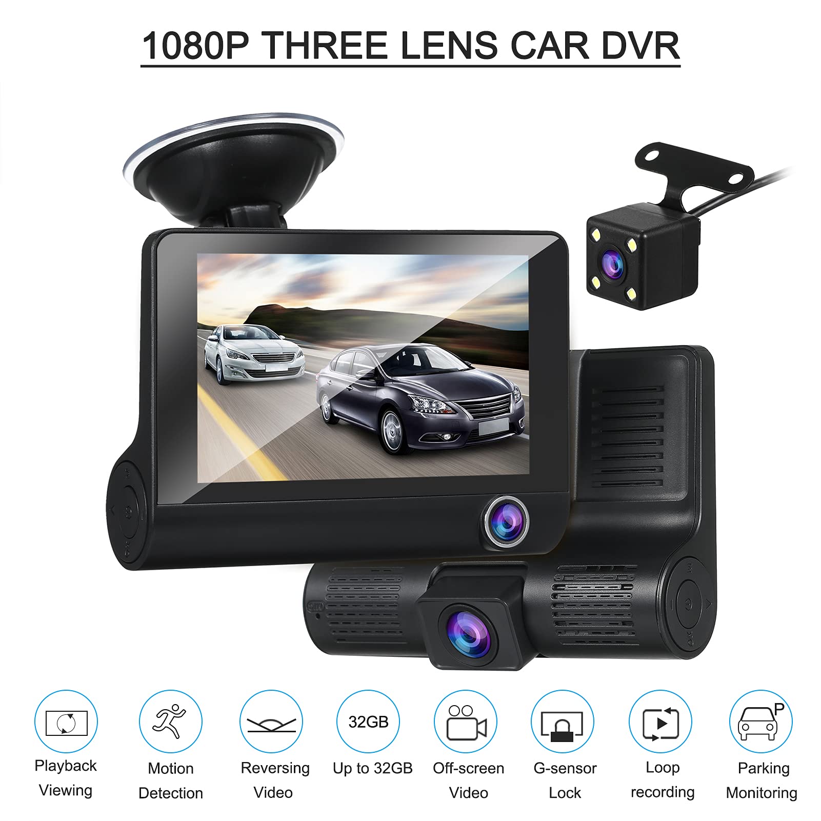 Dashcam Shkalacar 3 Telecamere 1080P+720P+480p – Videocamera Per Auto Con Visione Notturna, Sensore G E Rilevamento Movimento, Schermo Integrato, Fino A 64GB TF - 3