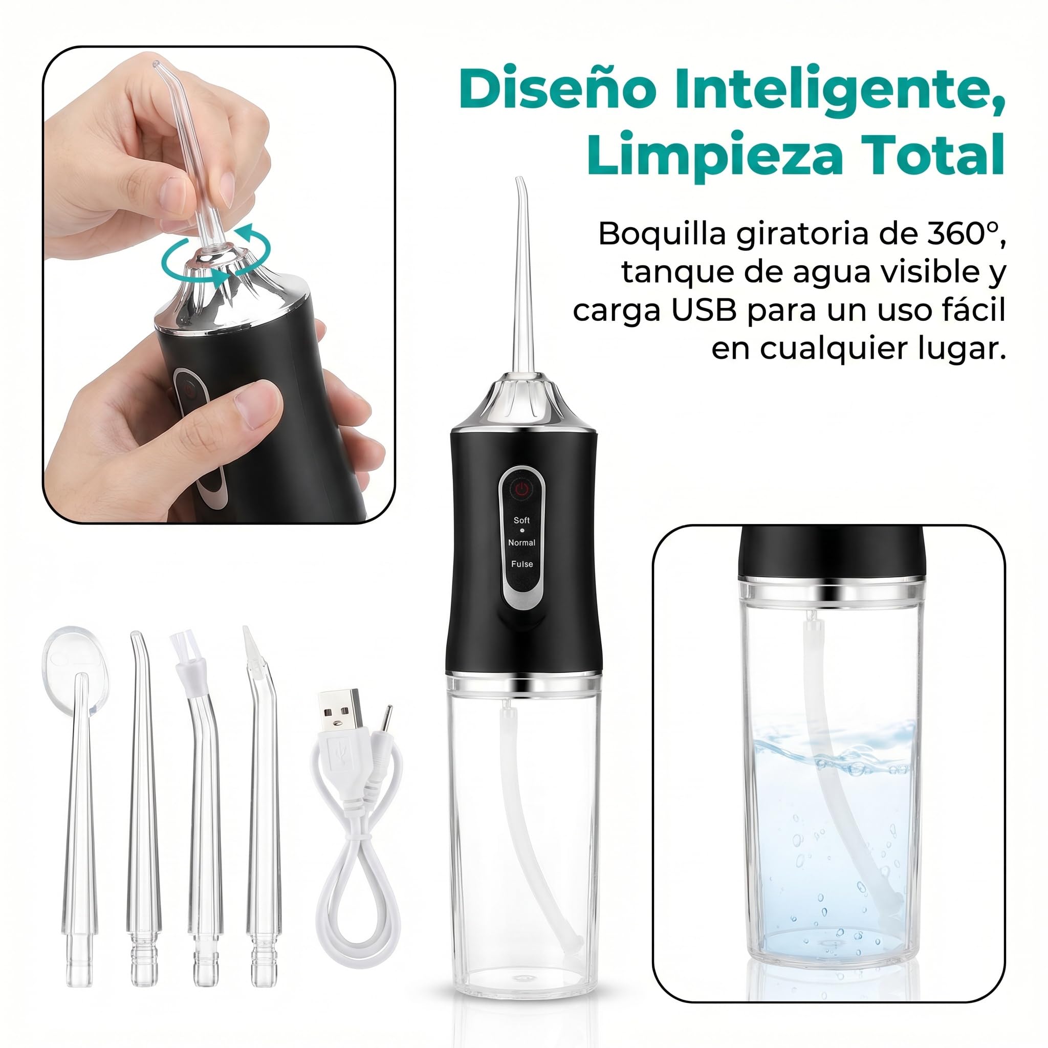 Irrigador Bucal Inalámbrico para Dientes, Limpiador Dental Recargable con 4 Boquillas para Limpieza Profunda, Irrigador Dental IPX7 Impermeable para Uso Diario en Casa