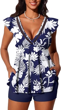 Summer Mae Womens V-Neck Tankini Swimsuits 2025 with Ruffle Sleeves Tummy Control Boyshorts Bathing Suits with Pockets