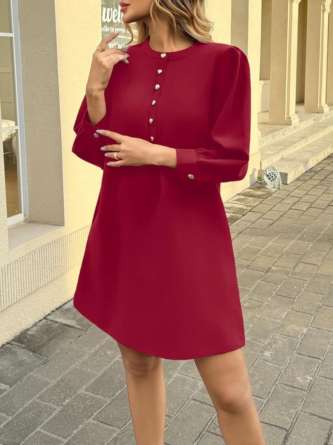 Wenrine Womens 3/4 Puff Sleeve Mini Dress Button Crewneck Elegant Casual Business Shift Dresses 2025 - Image 5