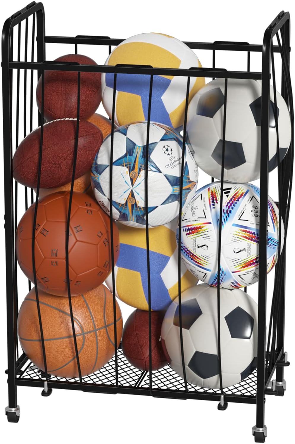 Garage Ball Storage with Wheels, Ball Sports Organizer Storage Cart, Sports Equipment Organizer, Sports Ball Rack With Elastic Rope, Garage Organization Storage Rack, Ball Holder, Black