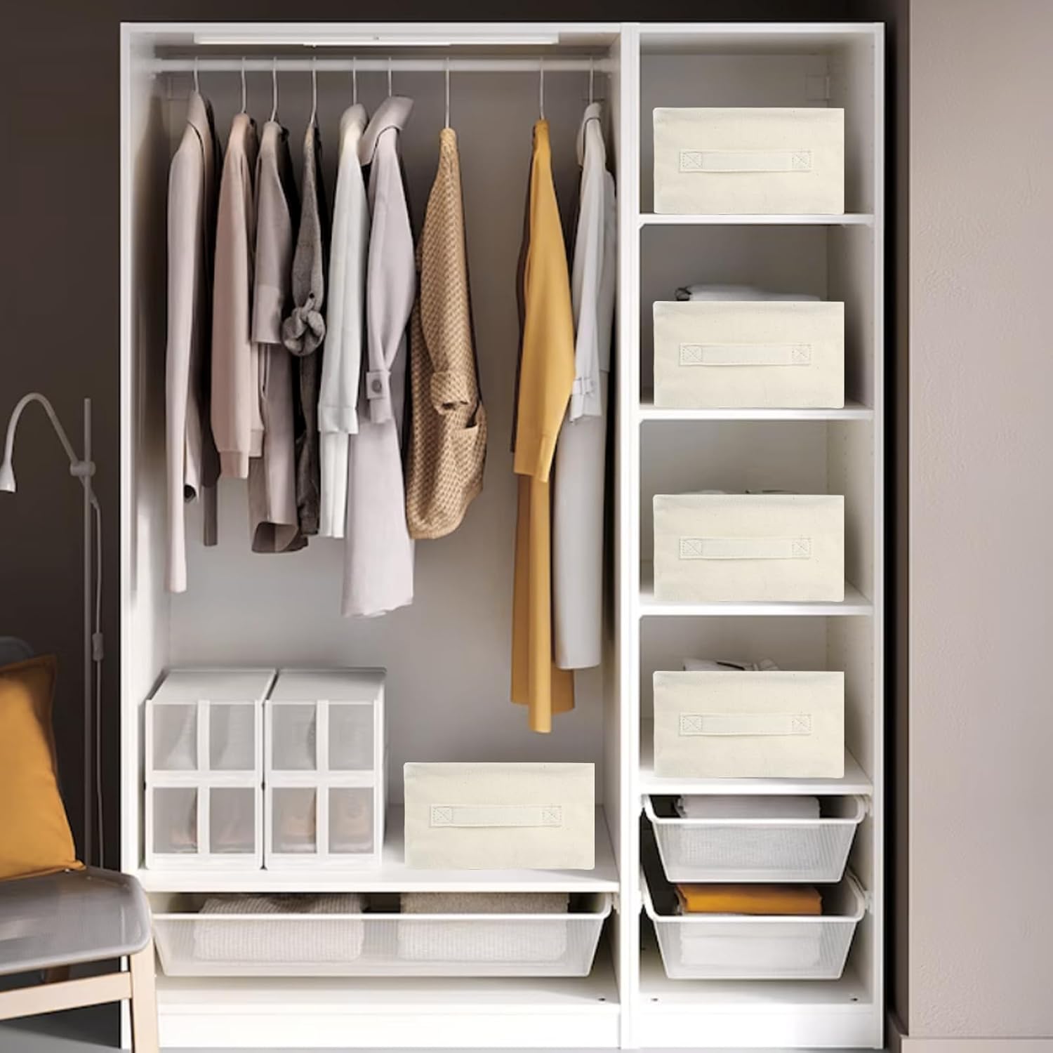 Surblue Storage Bin Cotton Collapsible Storage Basket for Shelves Closet Bins with Handles for Organizing Clothing Toys Books Towels, 3 Pcs Storage Cubes Boxes, Beige