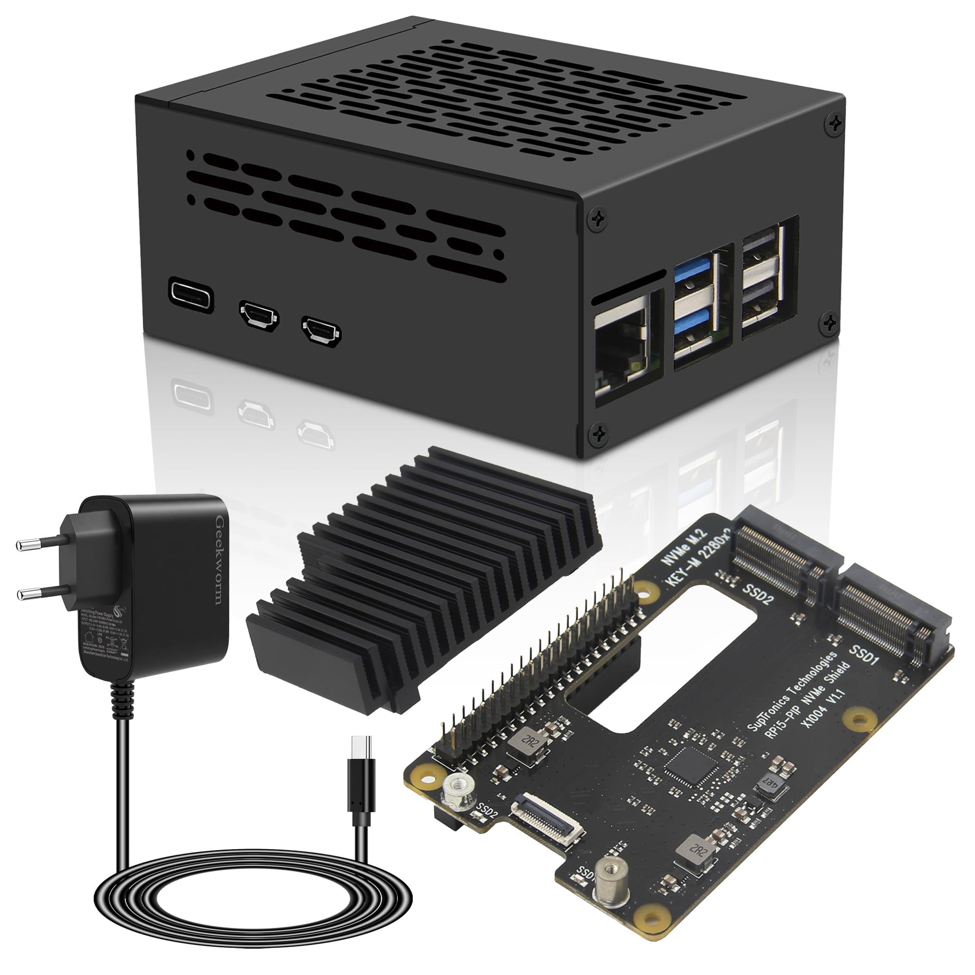 Geekworm X1004 PCIe to Dual M2 NVMe SSD 2280 Shield with Case, Passive Cooler & Power Adapter for Raspberry Pi 5