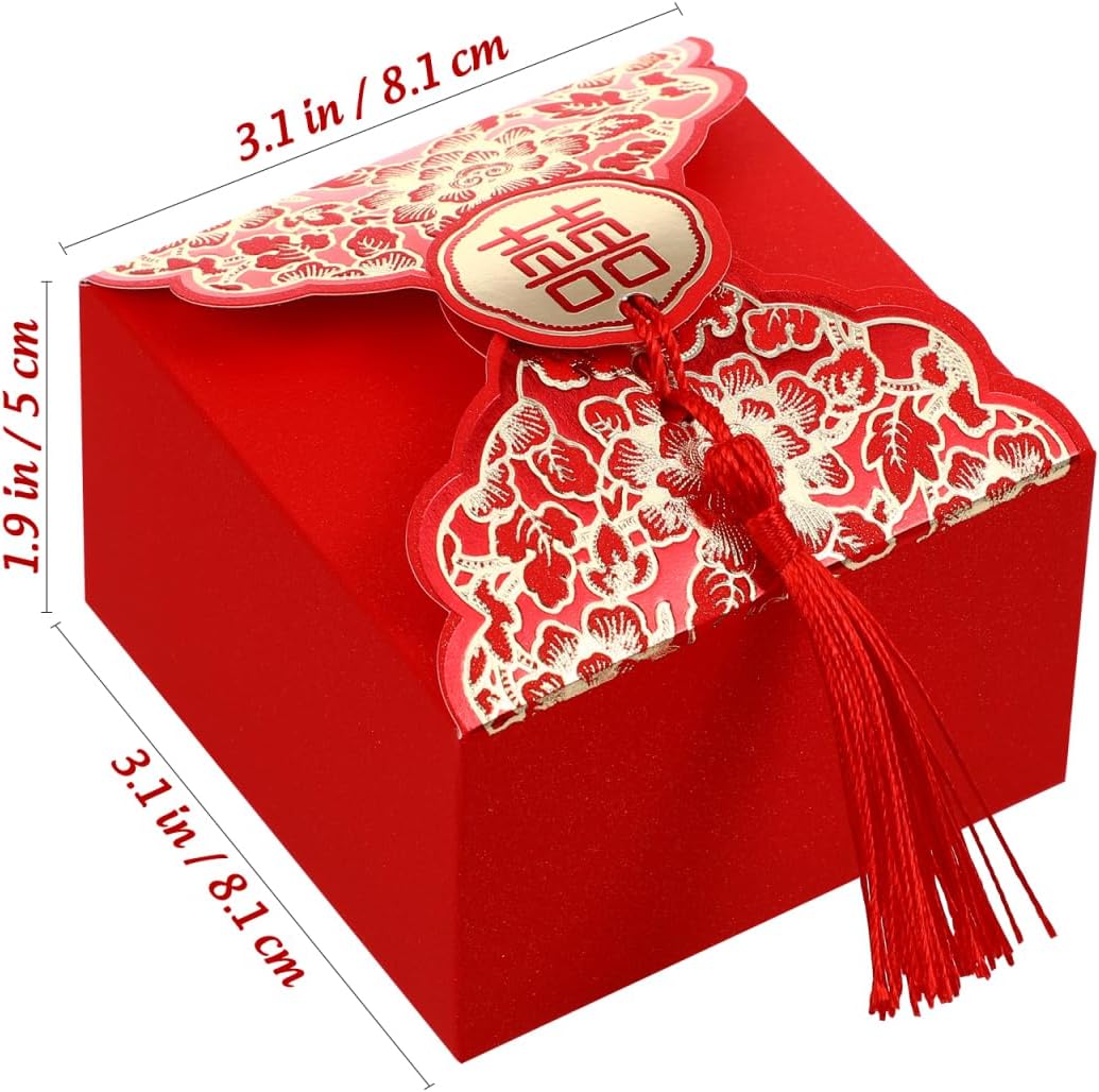 20pcs Wedding Candy Boxes Chinese Style Wrapping Box with Tassel Paper Treat Boxes Party Treat Containers Wedding Engagement Party Favors Red 3X3X2 Inches - Image 2