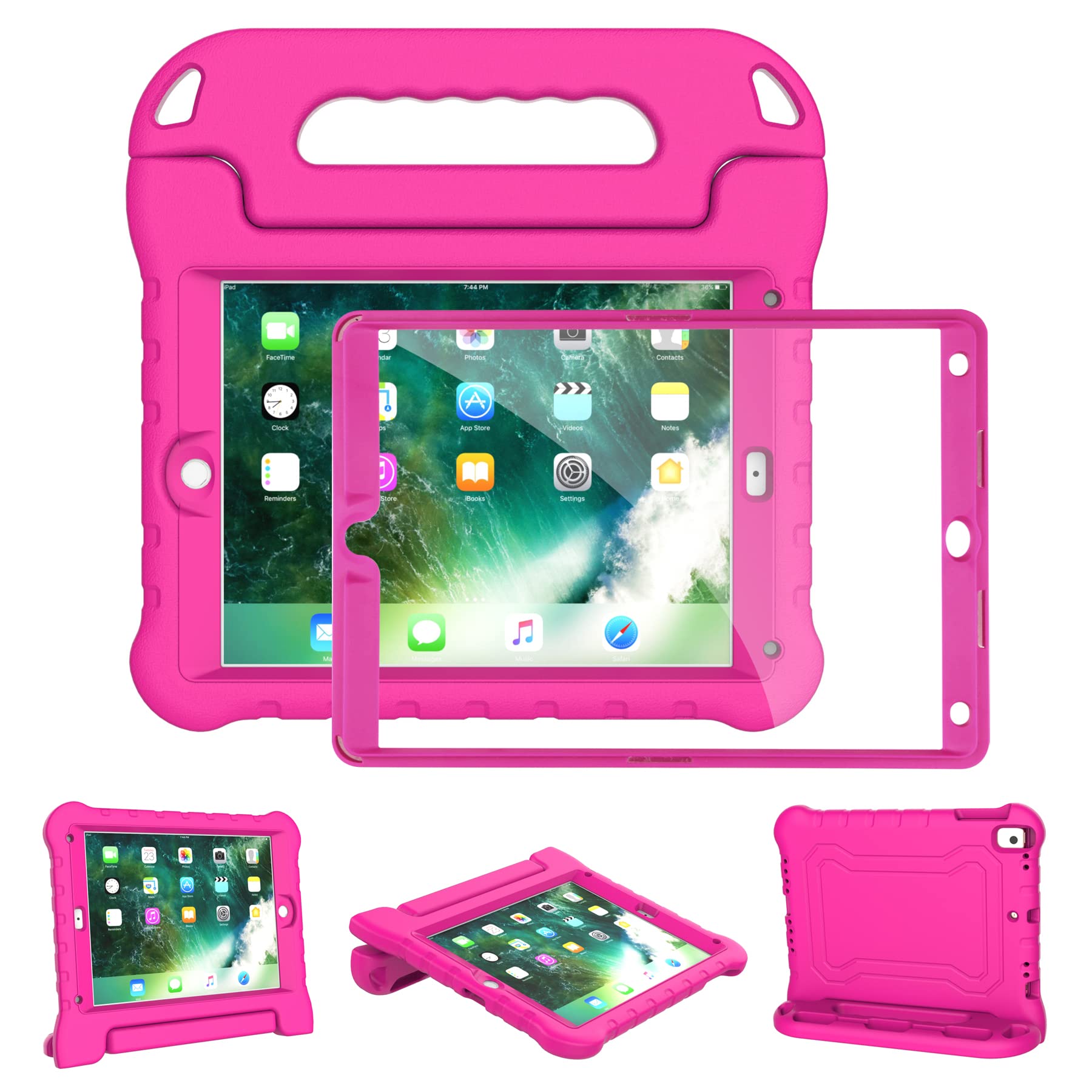 Kids Case for iPad 6th/5th Generation (2018/2017, 9.7 Inch), for iAir 2 & Air 1 & Pro 9.7 Case for Kids with Built-in Screen Protector and Pencil Holder, Shockproof Handle Stand Case Cover, HotPink