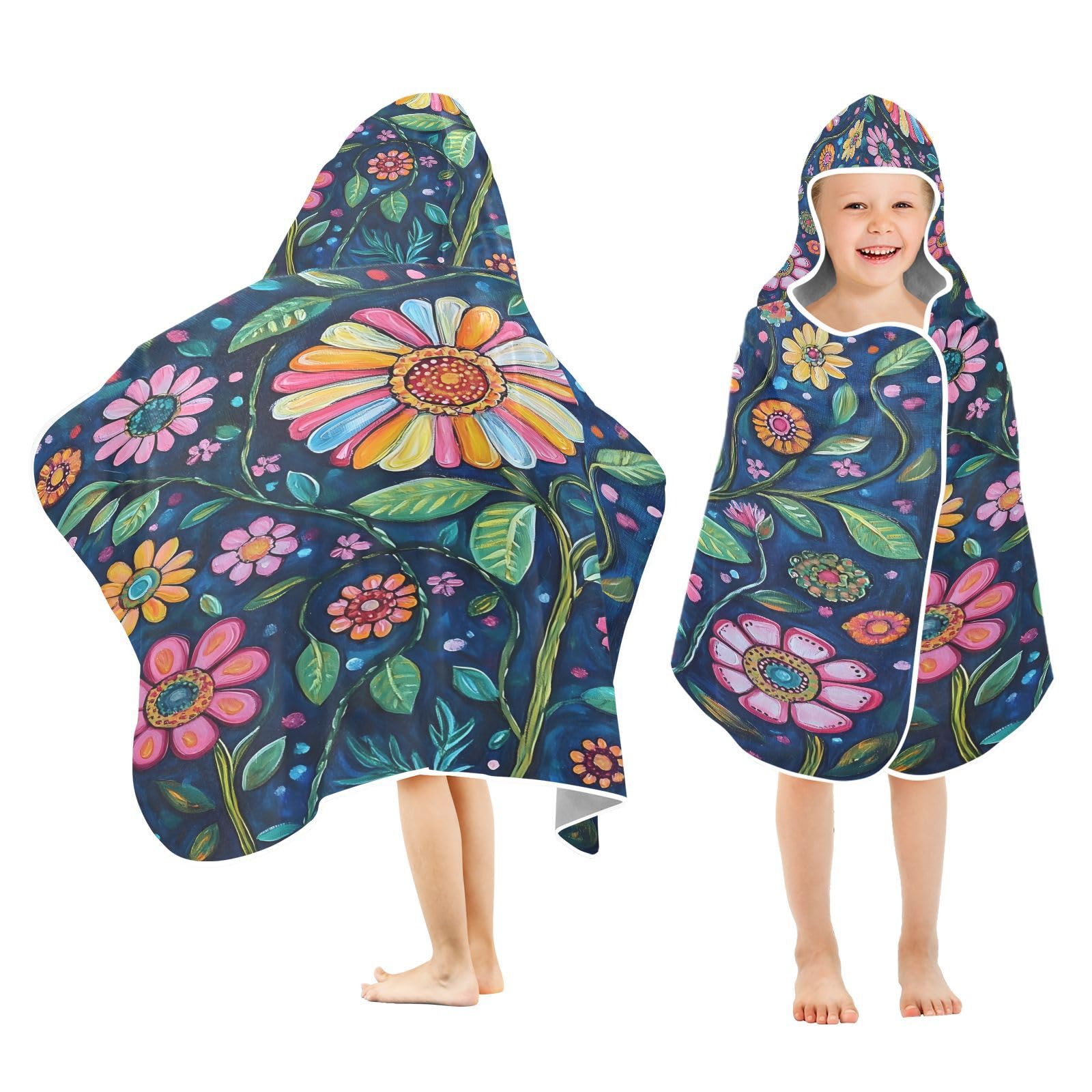 Kigai Colorful Flowers Hooded Beach Towel for Kids Soft Absorbent Quick Dry Bath Towel with Hood Lightweight Toddler Shower Pool Bath Wrap for Boys Girls