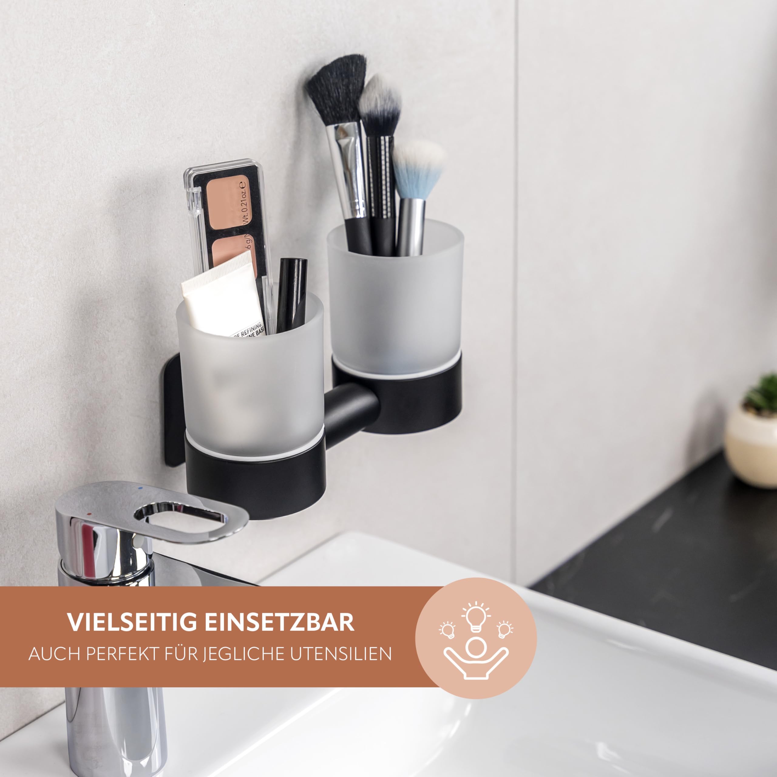 bremermann Bad-Serie Piazza Black Tape - Doppel-Glasbecherhalter ohne Bohren, mit Klebepad - selbstklebend - Becherhalter, Zahnbürstenhalter, aus Glas und Edelstahl, matt schwarz