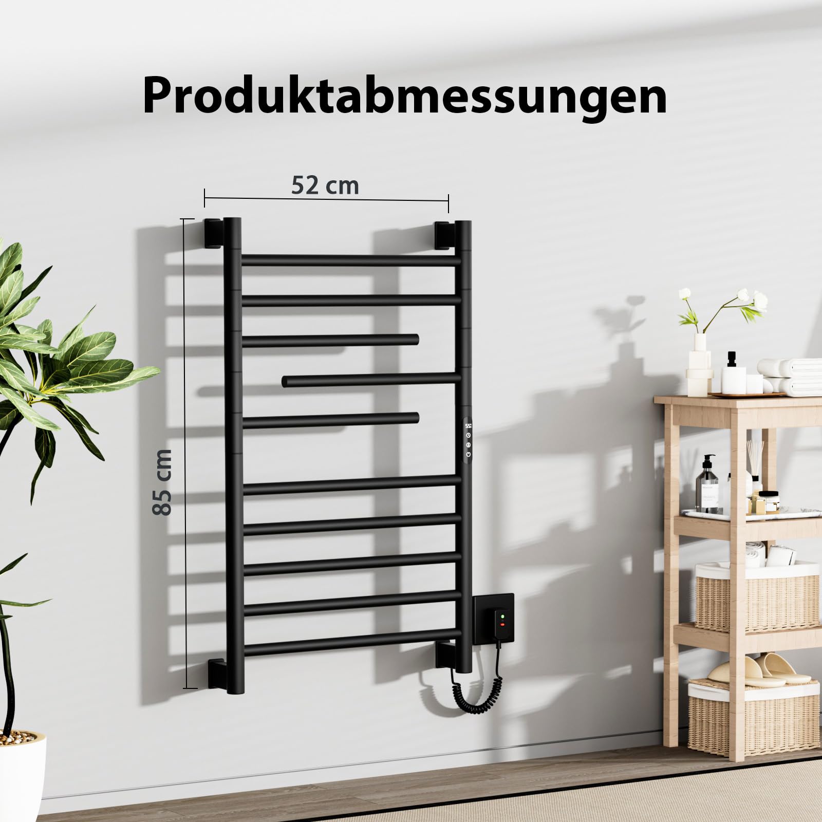 Handtuchheizkörper, Badheizkörper Elektrisch, Bad Handtuchtrockner Elektrisch, 850×520 Mm, 180° Drehbare Stange, Thermostat, Heizstab 250W, Handtuchhalter, Bad Heizkörper. (Schwarz)