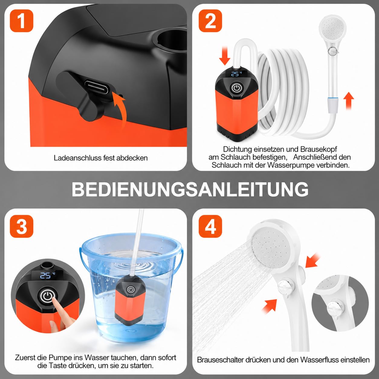 B013 Douche de camping portable avec batterie 7800 mAh, USB-C, pommeau de douche à 3 niveaux et pompe silencieuse – Étanche avec affichage de la température LED pour Vanlife, voyage en plein air