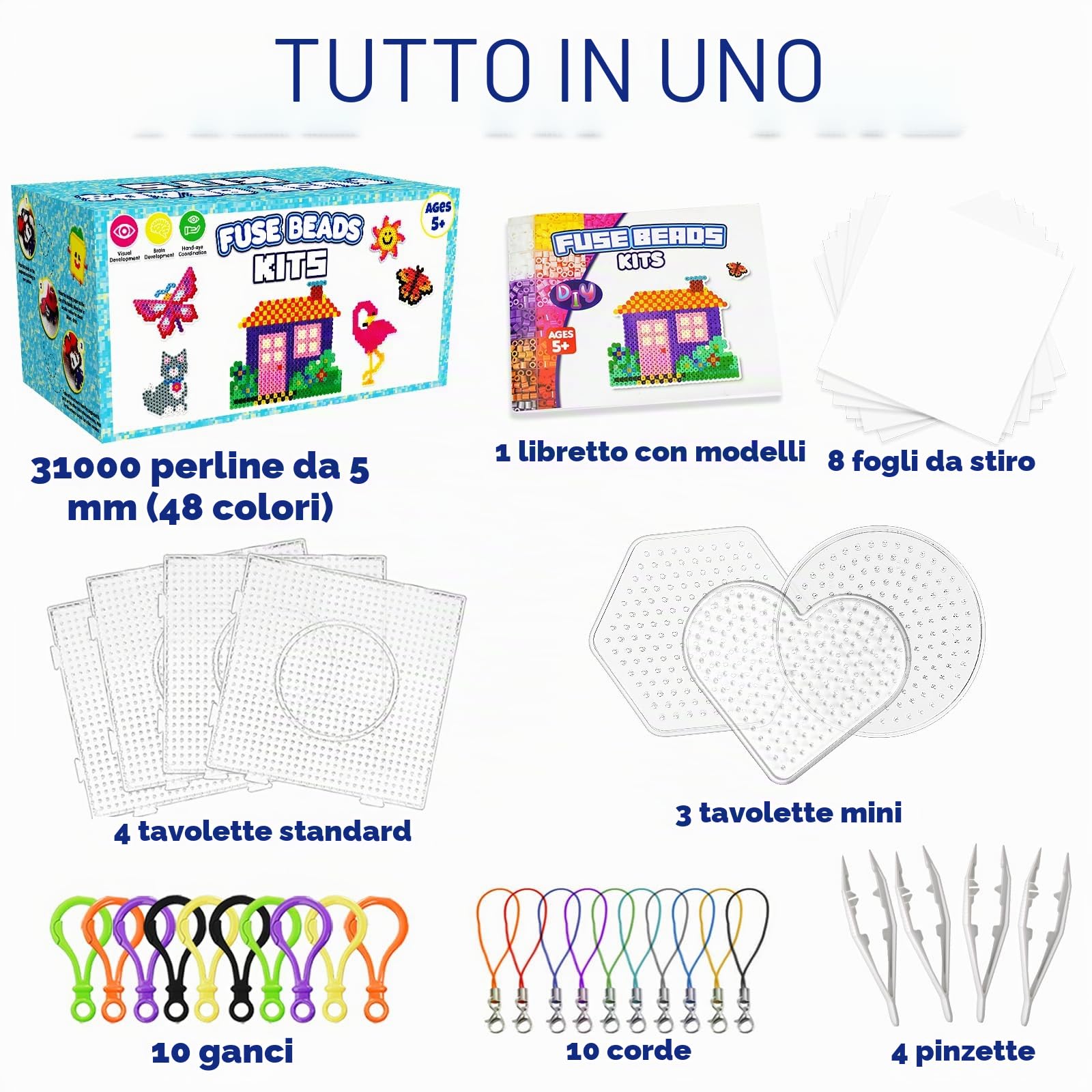 FunzBo Set Perline da Stirare 31000 Pezzi XXL - 48 Colori 5mm Perline in Confezione con Accessori e Scatola Portaoggetti per Bambini da 6 Anni, Adulti e Appassionati di Lavoretti