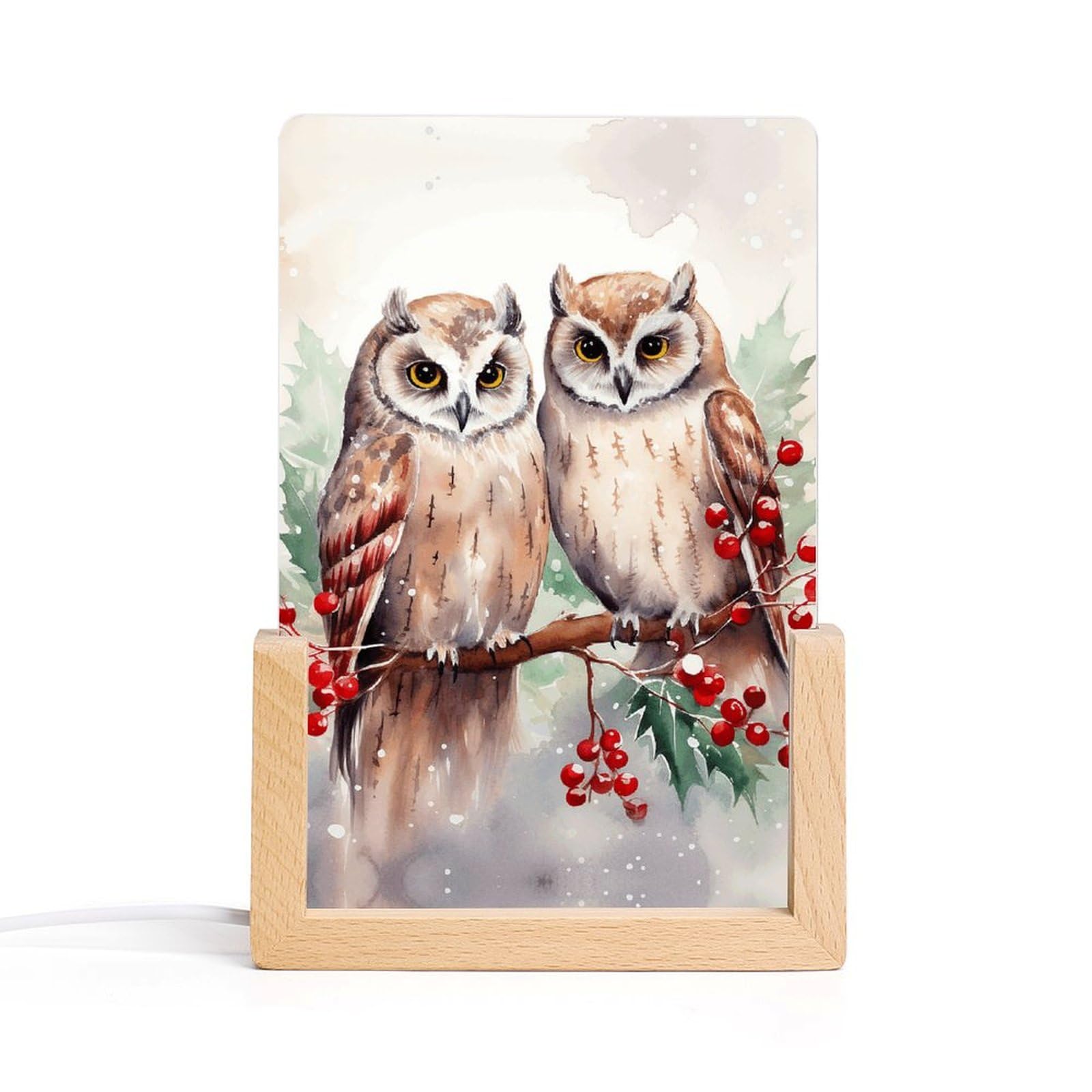 JTREHY Acrylic Night Light,Two Owls on The Tree Printed Wooden Base LED Night Light Modern Home Decoration Light with USB Switch Cable for Bar Cafe Bedroom Room Decoration