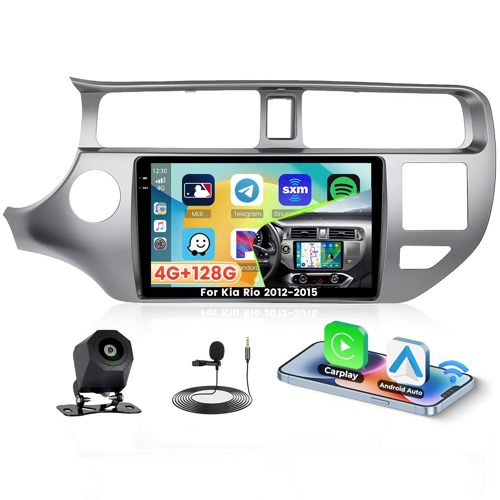Roinvou 4G+128G Android 15 Autoradio pour Kia Rio 2012-2015 sans Fil Carplay Android Auto, 9'' Incell Écran Tactile Radio avec Mirror Link GPS Bluetooth FM RDS WiFi EQ SWC Caméra de Recul
