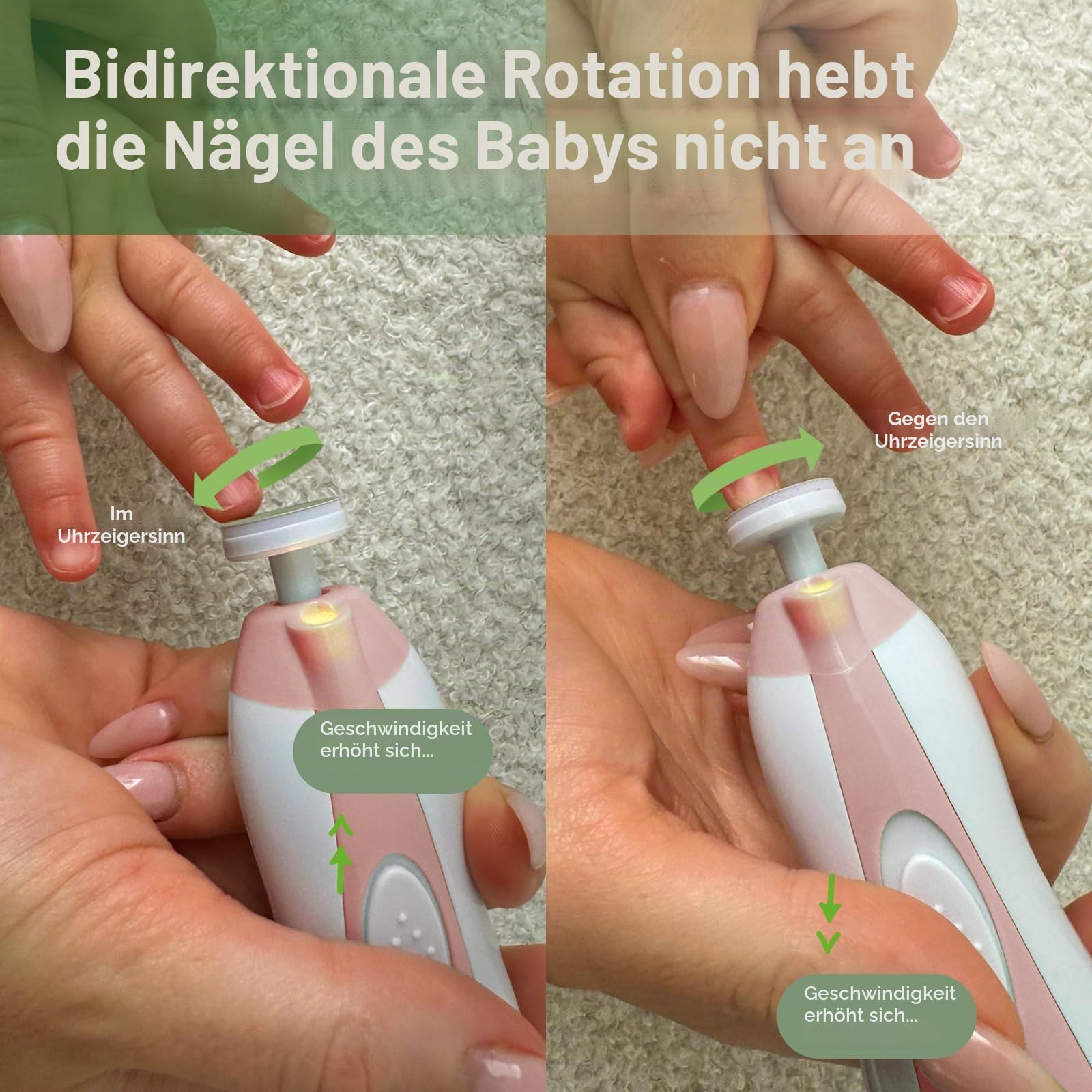 haakaa Elektrischer Baby-Nagelknipser, Baby-Nagelfeilen-Set mit 6 Schleifkopf und LED-Licht für Neugeborene, Kleinkinder Oder Erwachsene, Rosa