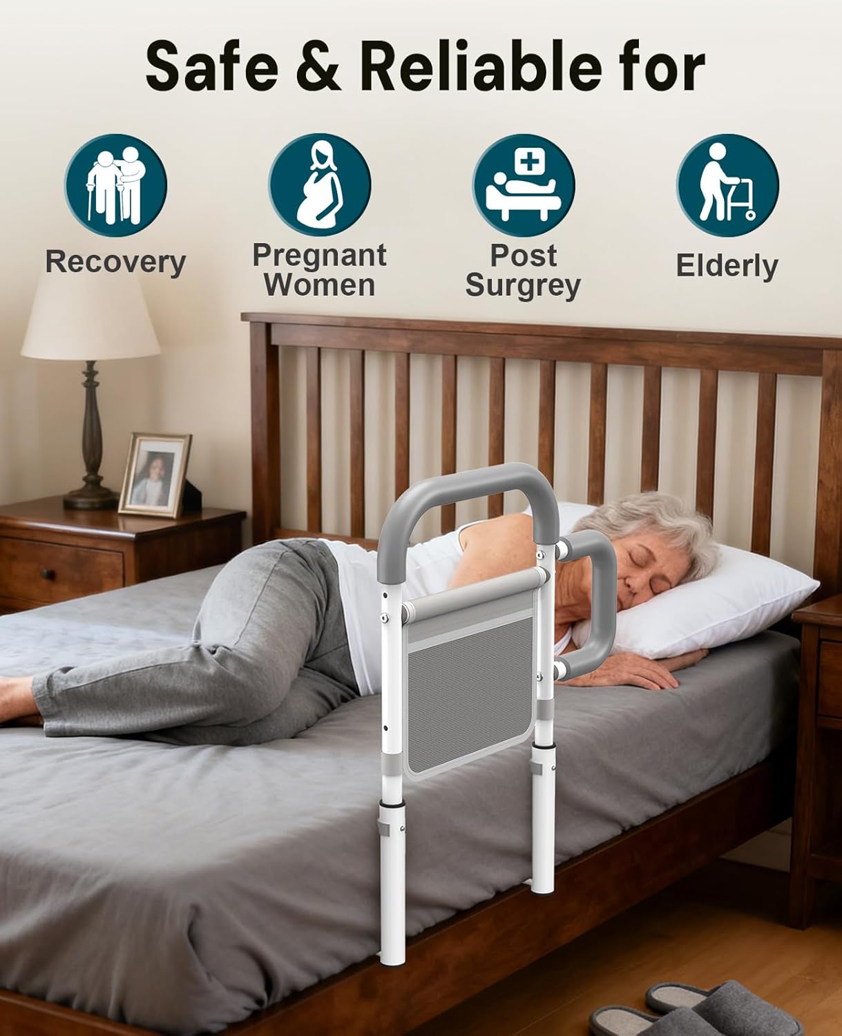 Bed Rails for Elderly Adults Safety, with Double Non-Slip Handle & Storage Pouch, Fits Most Bed Sizes, Bed Assist Rails for Seniors and Post-Surgery,Reduce Falls & Support Independence