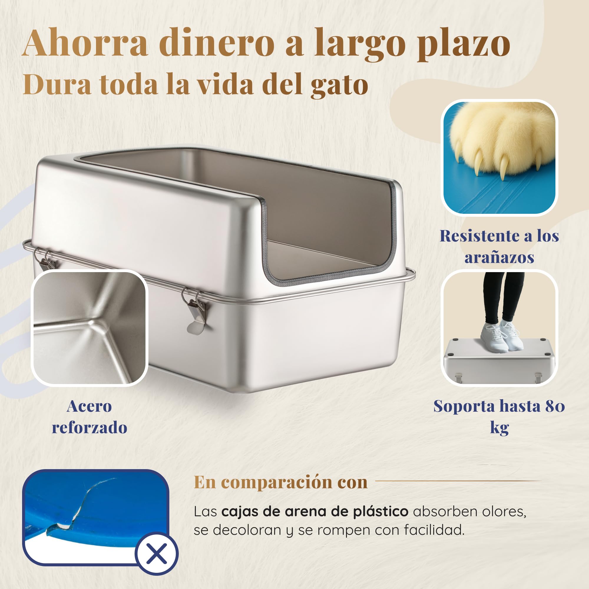 Arenero Acero Inoxidable Gatos – Caja de Arena para Gatos XXL – Capacidad de 38 L – Superficie Antiadherente – Sin olores y Antiadherente – Incluye Pala para Arena y Alfombrilla – 60 × 40 × 32 cm