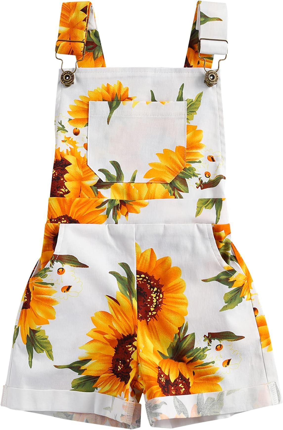 ZZLBUF Toddler Kids Baby Girl Sunflower Print Overalls Shorts with Pocket Suspender Trousers Summer Clothing Outfit (Suspender Shorts, White, 2-3 Years)