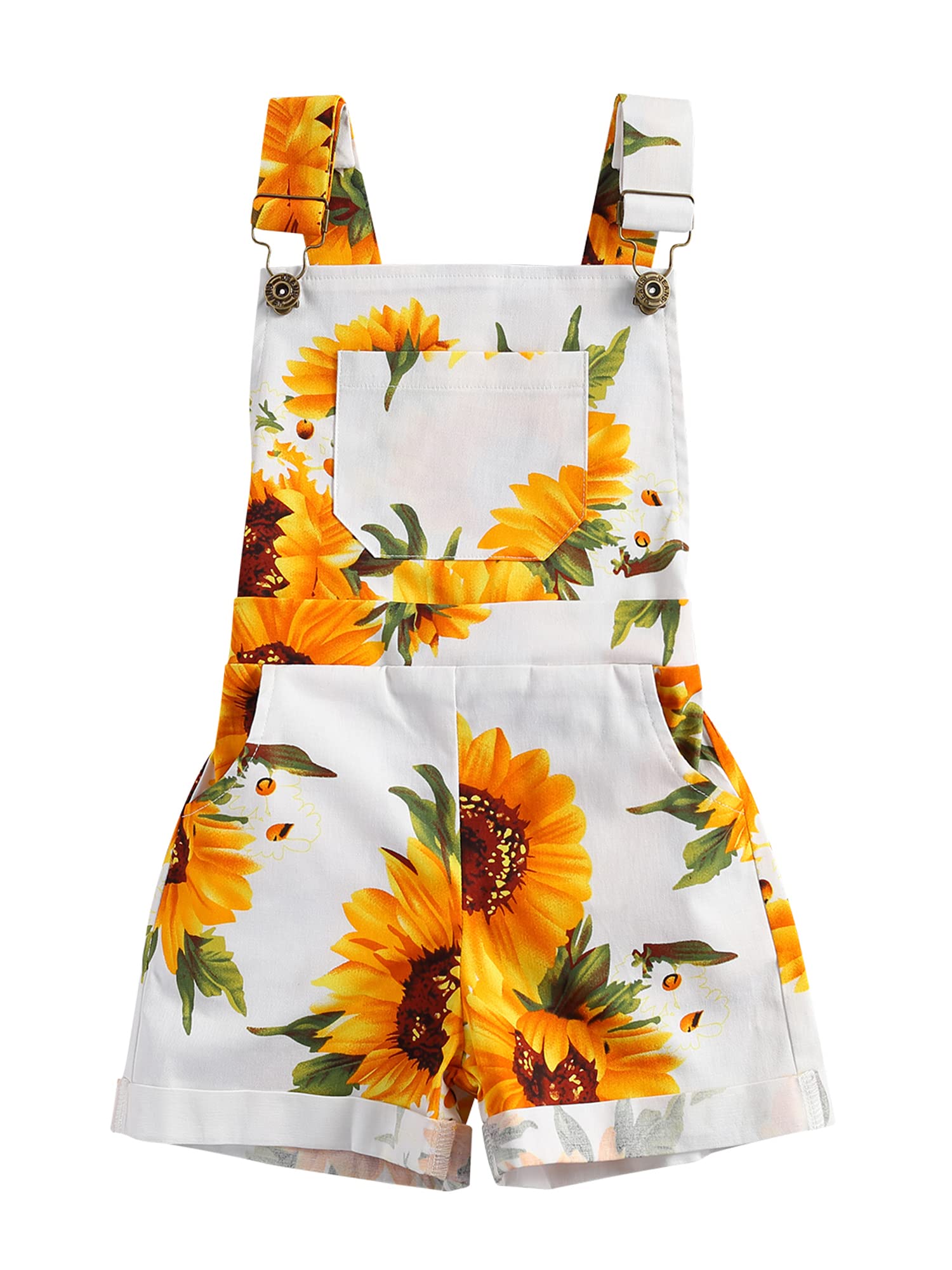 ZZLBUF Toddler Baby Girl Overalls Romper Outfit Kids Ruffle Sleeve Tops T-Shirt + Floral Suspender Pocket Shorts Clothes Set