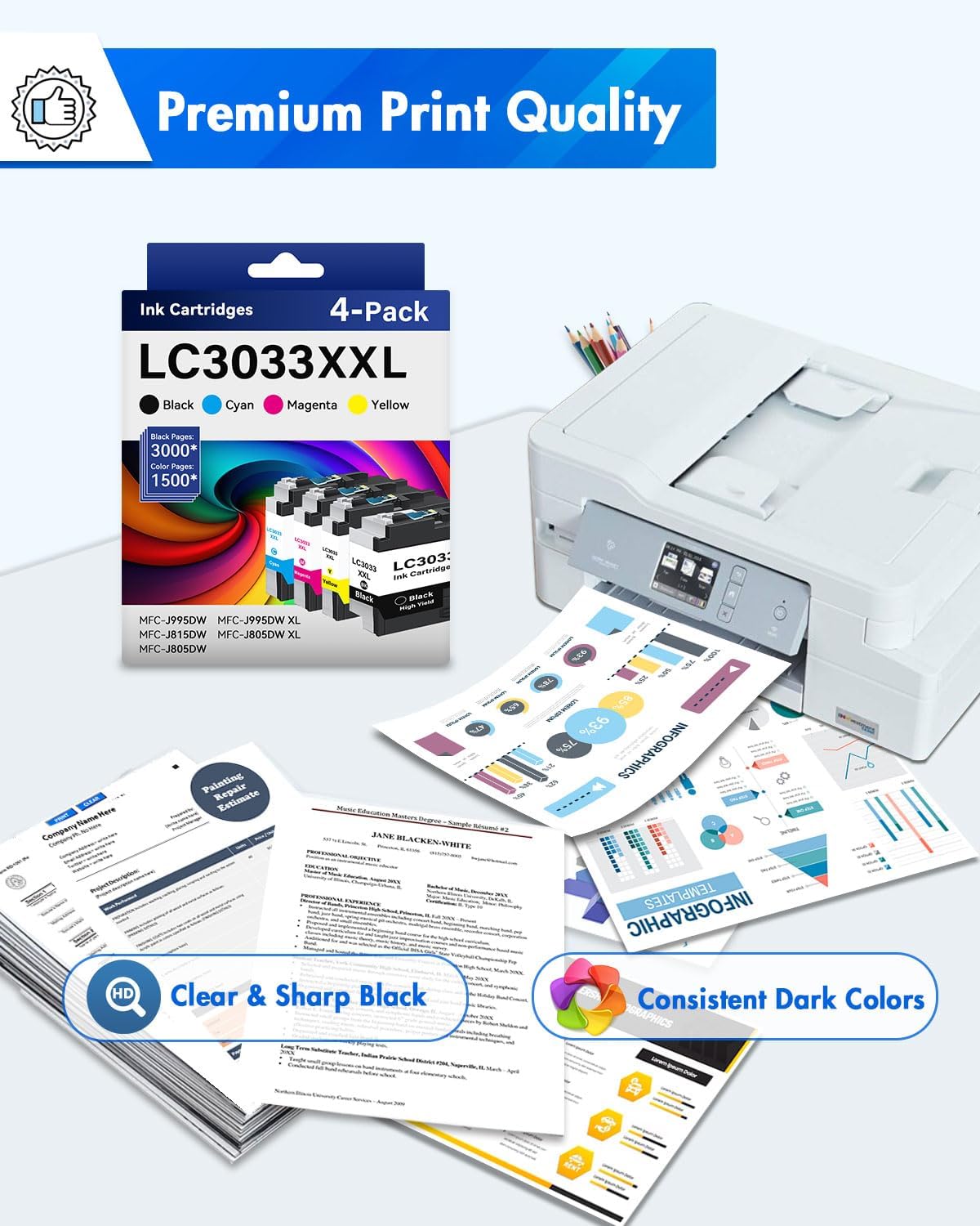 LC3033 XXL BK/C/M/Y Ink Cartridges High Yield Replacement for Brother Ink Cartridges LC3033XXL for MFC-J995DW MFC-J815DW MFC-J805DW MFC-J995DW XL MFC-J805DW XL Printers (4-Pack)