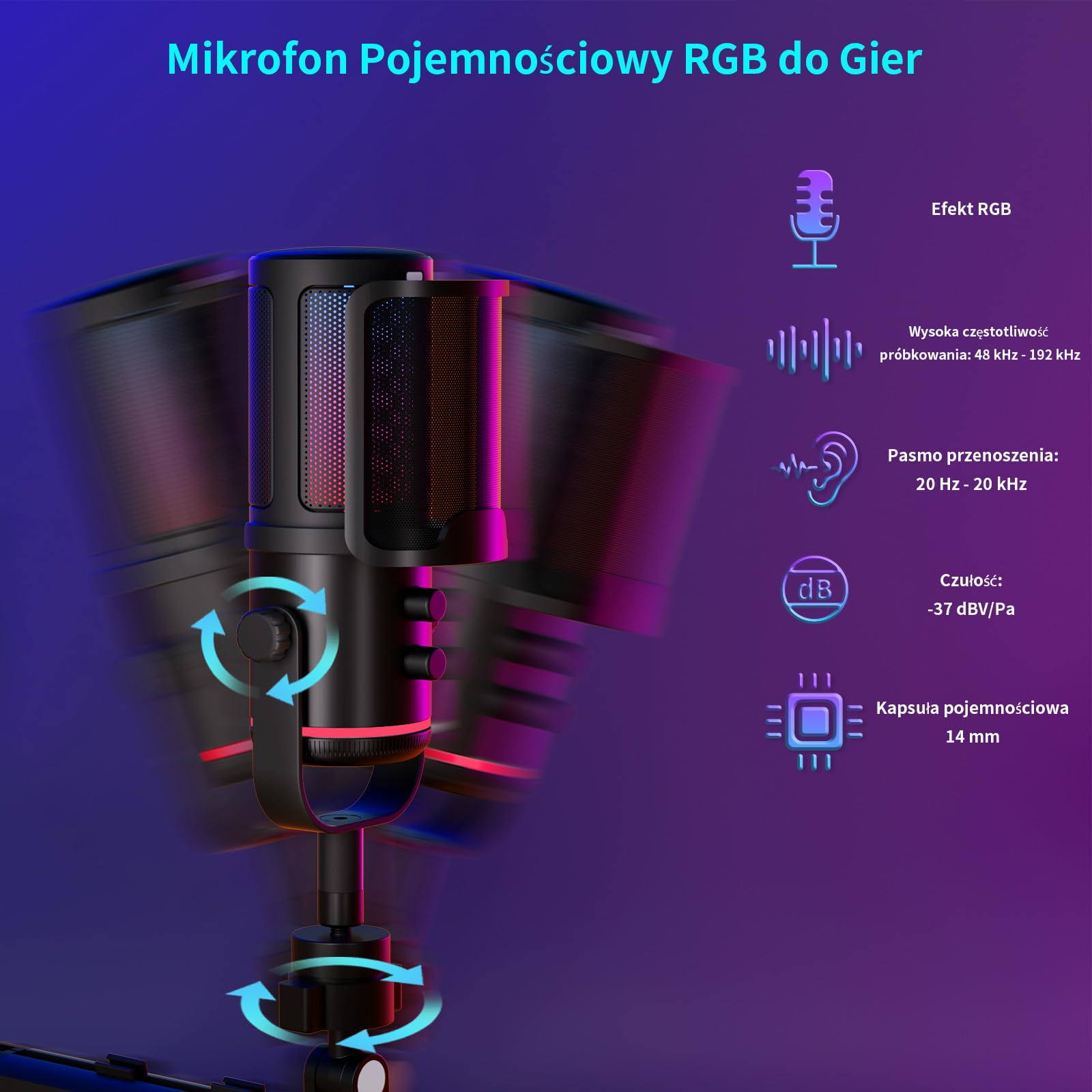 K KASONIC Mikrofon RGB do Gier z Wysięgnikiem, Mikrofon Pojemnościowy do Domowego Studia dla PC, Mikrofon USB 24bit 192kHz do Nagrywania Podcastów, Zestaw Mikrofonowy do Streamingu