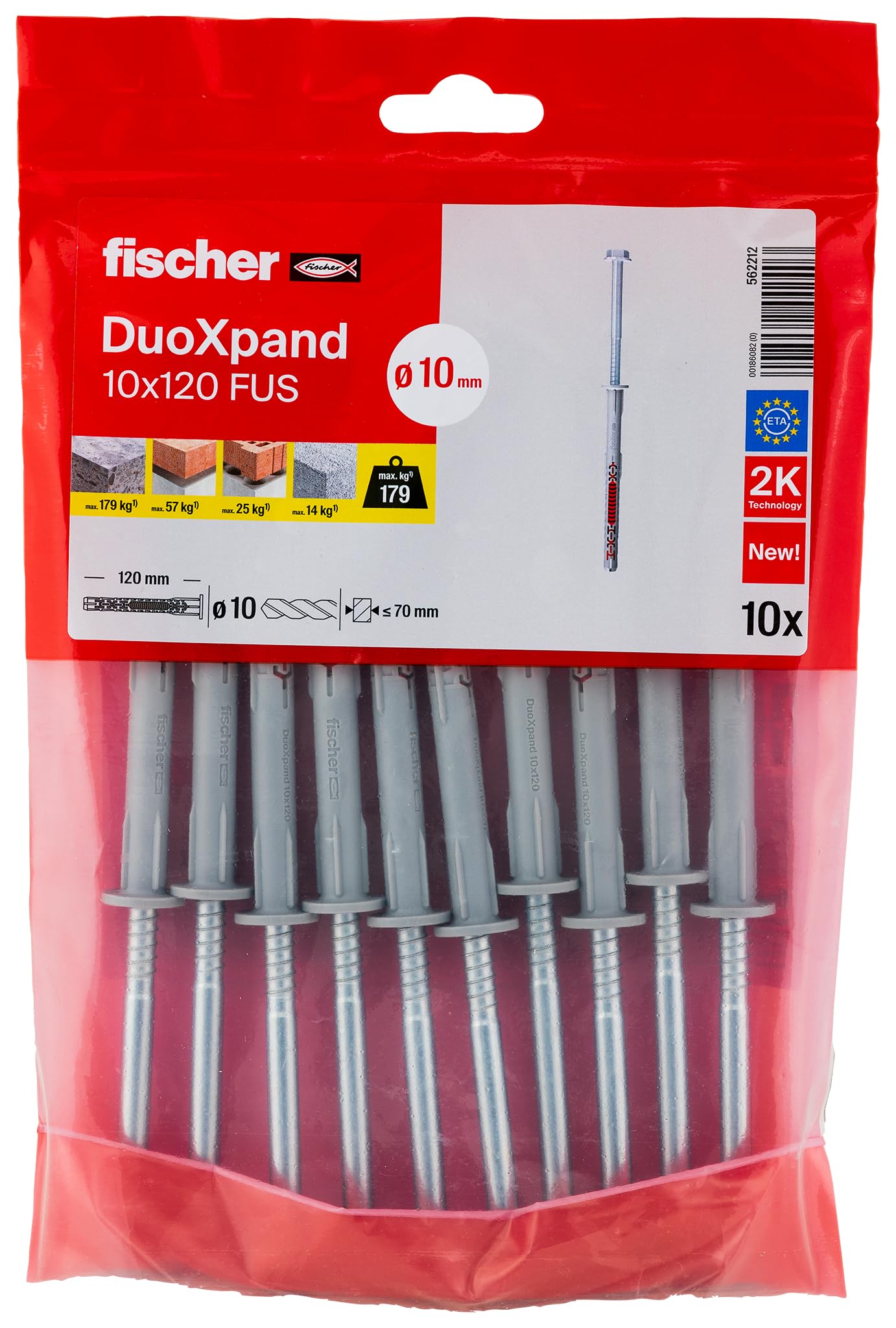 fischer DuoXpand 10 x 120 FUS, High-Quality Universal Dowel with Hex Screw & Moulded U Washer (Pack of 10), Dowels for Strong Hold, Ideal for Porous Building Materials & Close to Edge Anchors