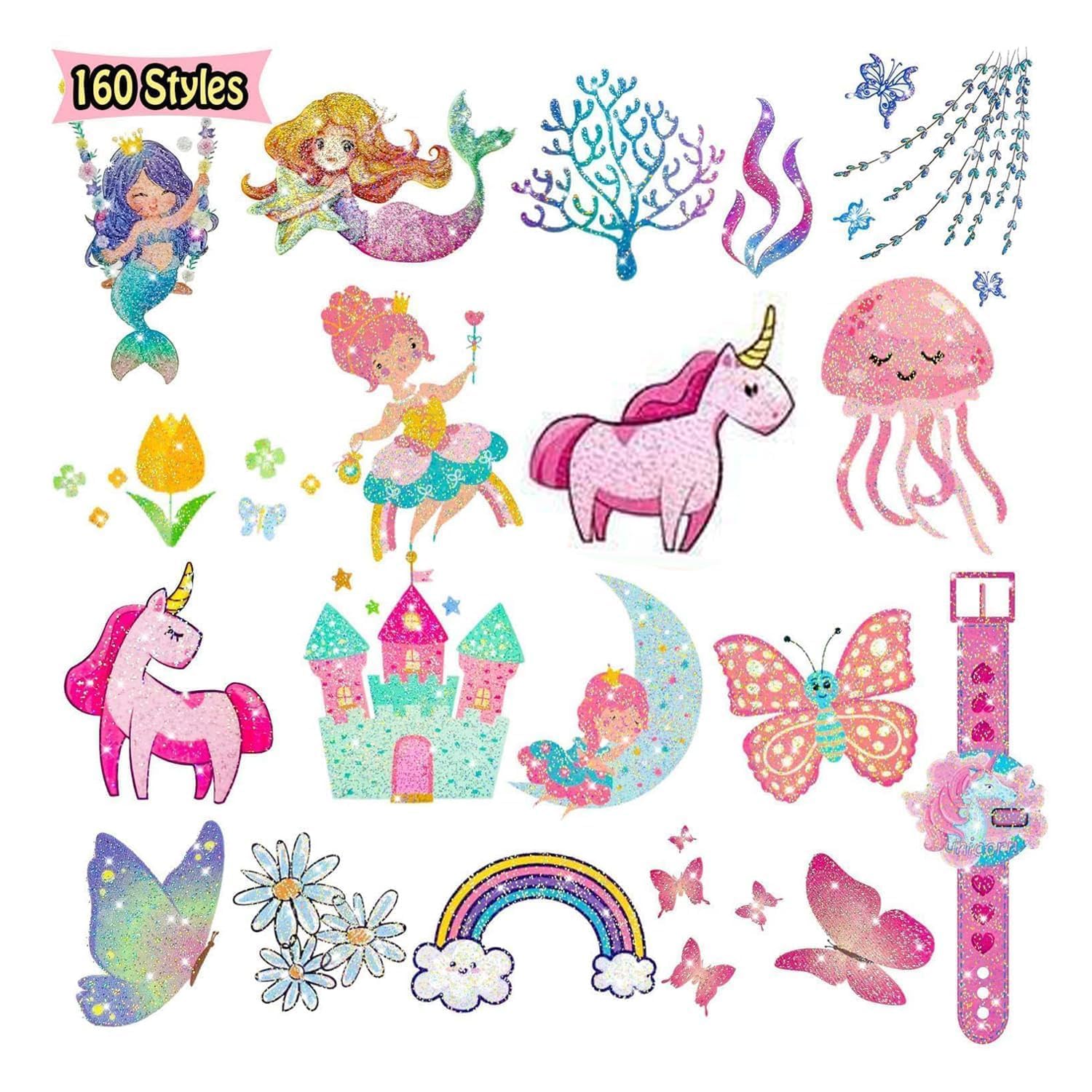Leesgel Glitter Tattoos for Girls, 160 Styles Glitter Tattoos for Kids Party Bag Fillers, Fake Transfer Tattoo Stickers for Boys Girls Games Toys Birthday Decorations Supplies