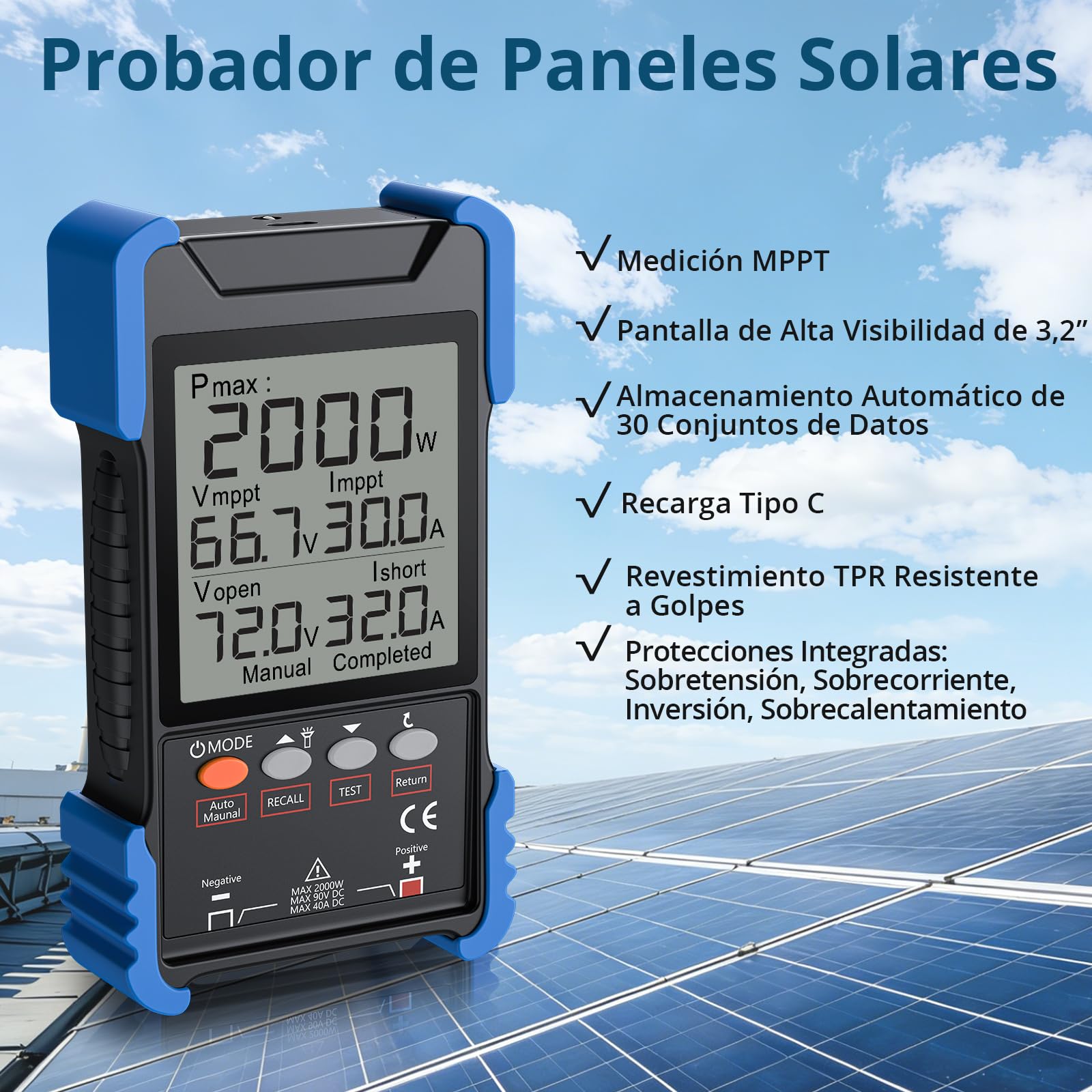 Probador de Panel Solar de 2000 W con MPPT, Medición Pmax/Voc/Isc | Multímetro Fotovoltaico Digital Recargable con Pantalla LCD, Medidor Solar para Pruebas y Mantenimiento de Paneles Solares