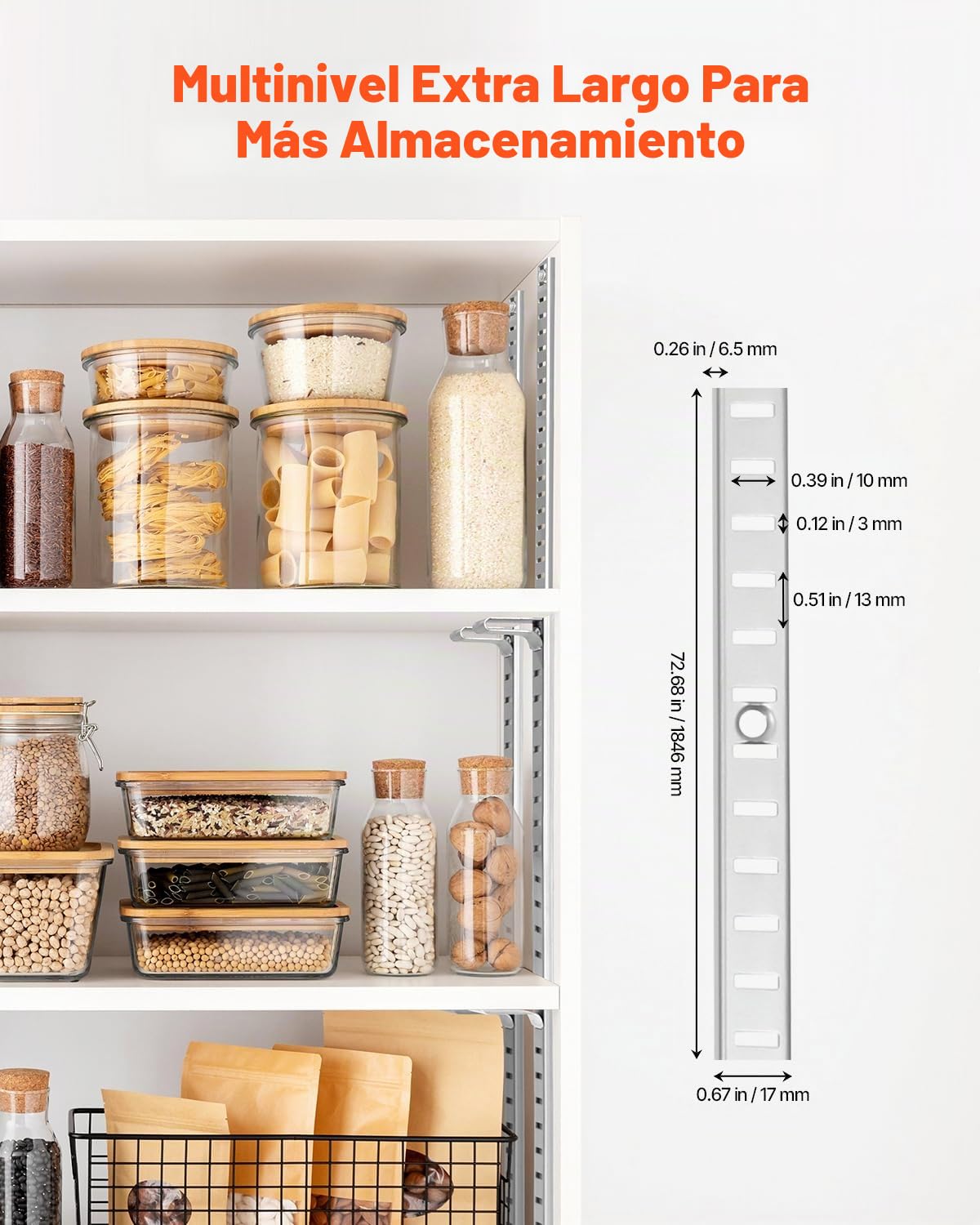 VEVOR 20 PCS Riel Horizontal para Estante de 1846 x 17 x 6,5 mm, Soportes Ajustables de Acero Inoxidable con 140 Tornillos Ideales para Estanterías de Pared, Armarios y Organización, Plata