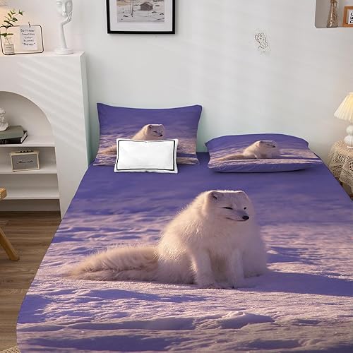 Miniatura 2 de Sábanas de zorro blanco, tamaño Queen, sábanas de animales, sábanas y fundas de almohada con patrones de 4 piezas, sábana bajera ajustable de