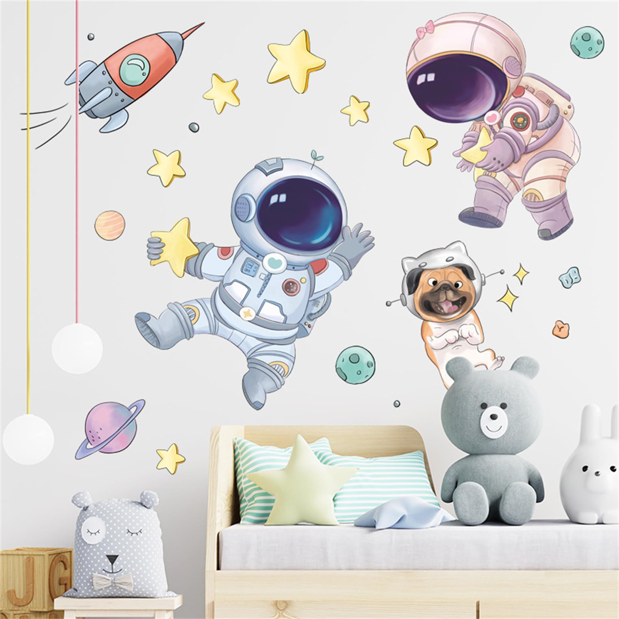 WAFT YEARN Astronaut Universe Outer Space Moon Star Space Ship Wall Decal Removable Wall Sticker Decor for Nursery Classroom Bedroom Bathroom Boys Girls Room Playroom Colorful Peel and Stick Decals