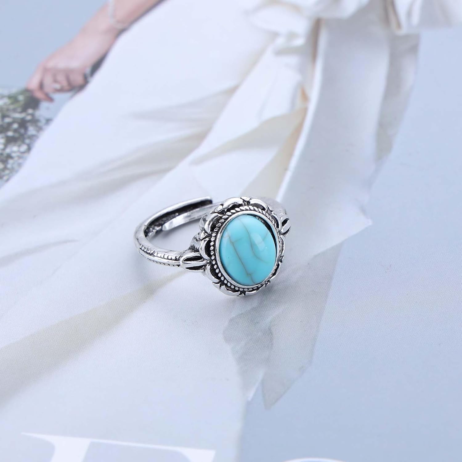 Vintage Silver Round Turquoise Stone Ring Blue Turquoise Genstone Finger Ring Blue Stone Wrap Rings Knuckle Stackable Rings Jewelry for Women - Image 3