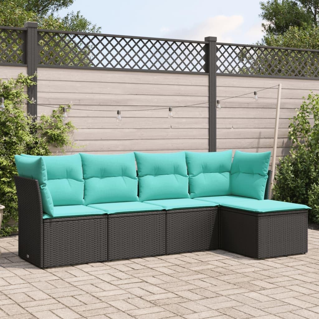 vidaXL Outdoor Patio Sofa Set 5-Piece - Black Poly Rattan and Powder-Coated Steel Frame with Blue Cushions - Modular Design, 24.4" x 27.2" Center/Corner Seat - Weather- for Garden/Backyard/Deck Lounge