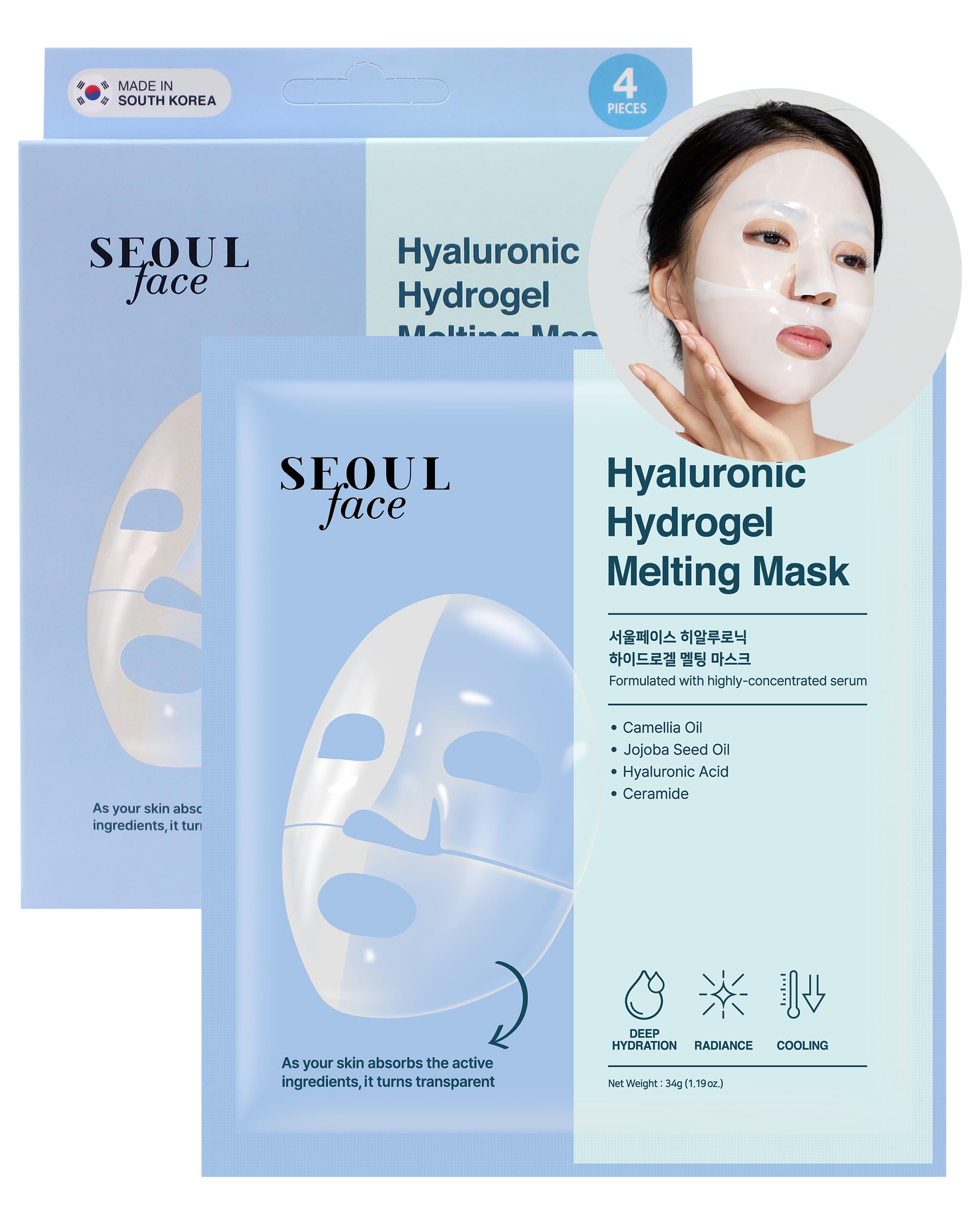DERMAL Hyaluronic Hydrogel Melting Mask 4 Pack - Korean Overnight Cooling Gel Face Mask with Ceramide Nano Hyaluronic