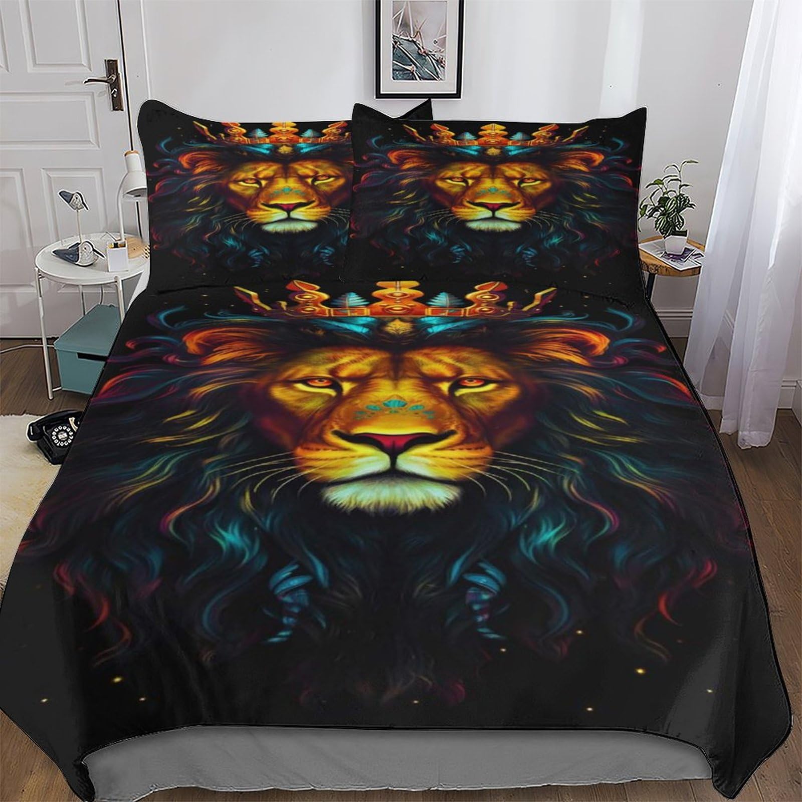 Housse de couette lion sans repassage parure lit microfibre 220x240cm anti-plis