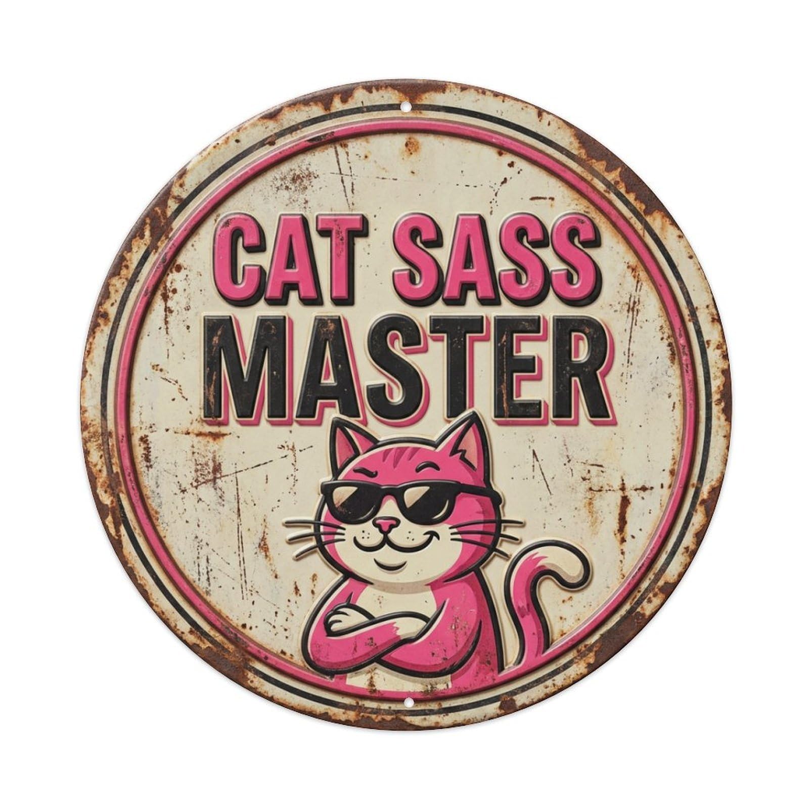 Cat Sass Master Purr Metal Tin Sign Plaque Wall Decor for Cafe, Club Bar, Office, Home Garden Round Metal Poster 8x8Inch