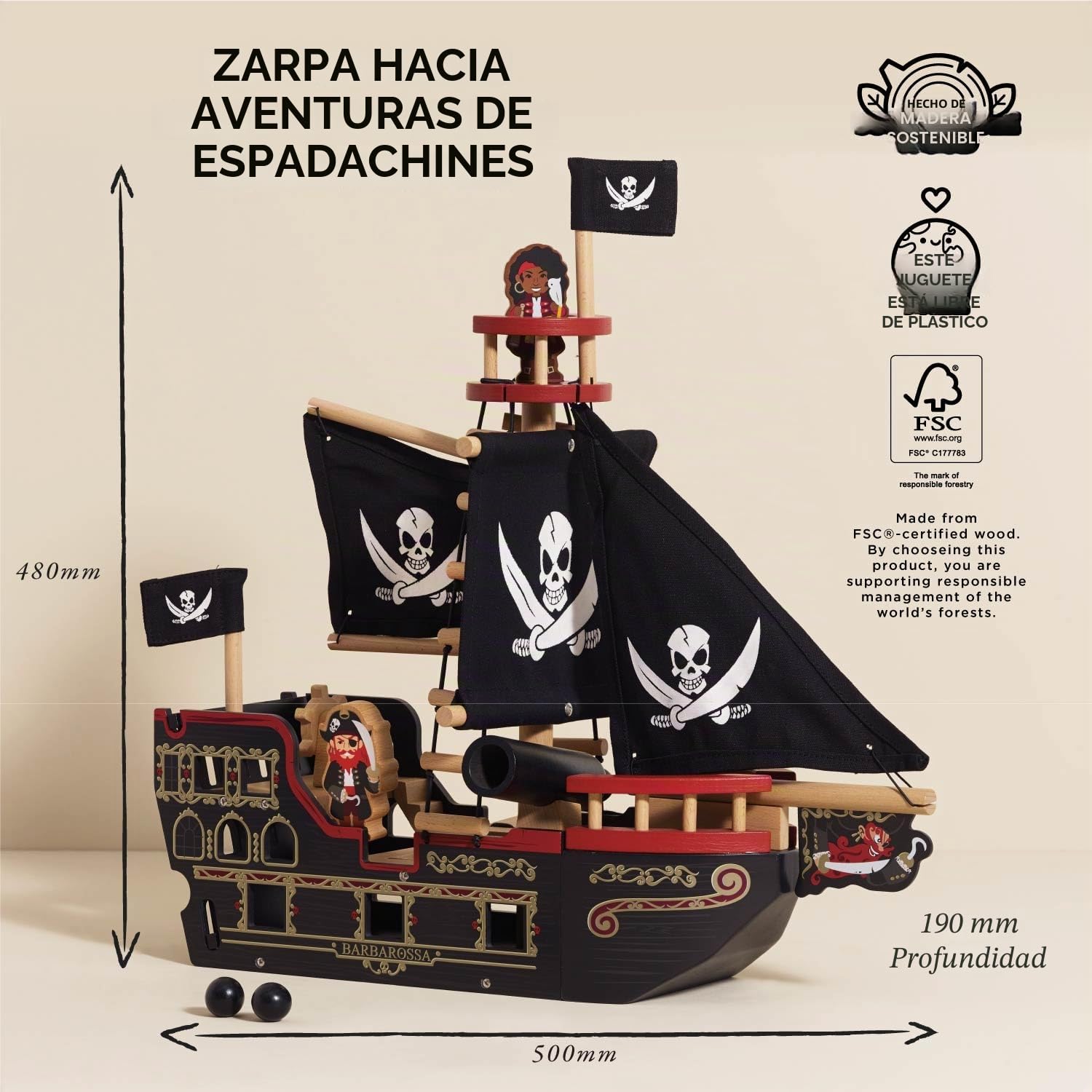 Le Toy Van - TV246 - Juego de Madera Galeón Pirata 3 años, Barco Pirata de Barbarroja, 2 Piratas incluidos, Brilla en la Oscuridad, 48 x 24 x 49 cm, Juegos ecológicos Montessori