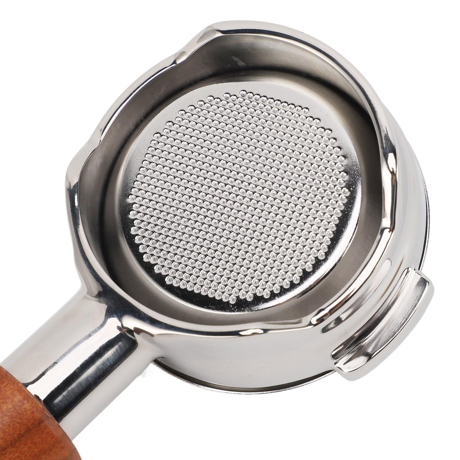 Portafiltro Bottomless 58mm, con 2 alette per E61 Grouphead per Faema Expobar, in acciaio inox con manico in legno massello per macchine da caffè commerciali