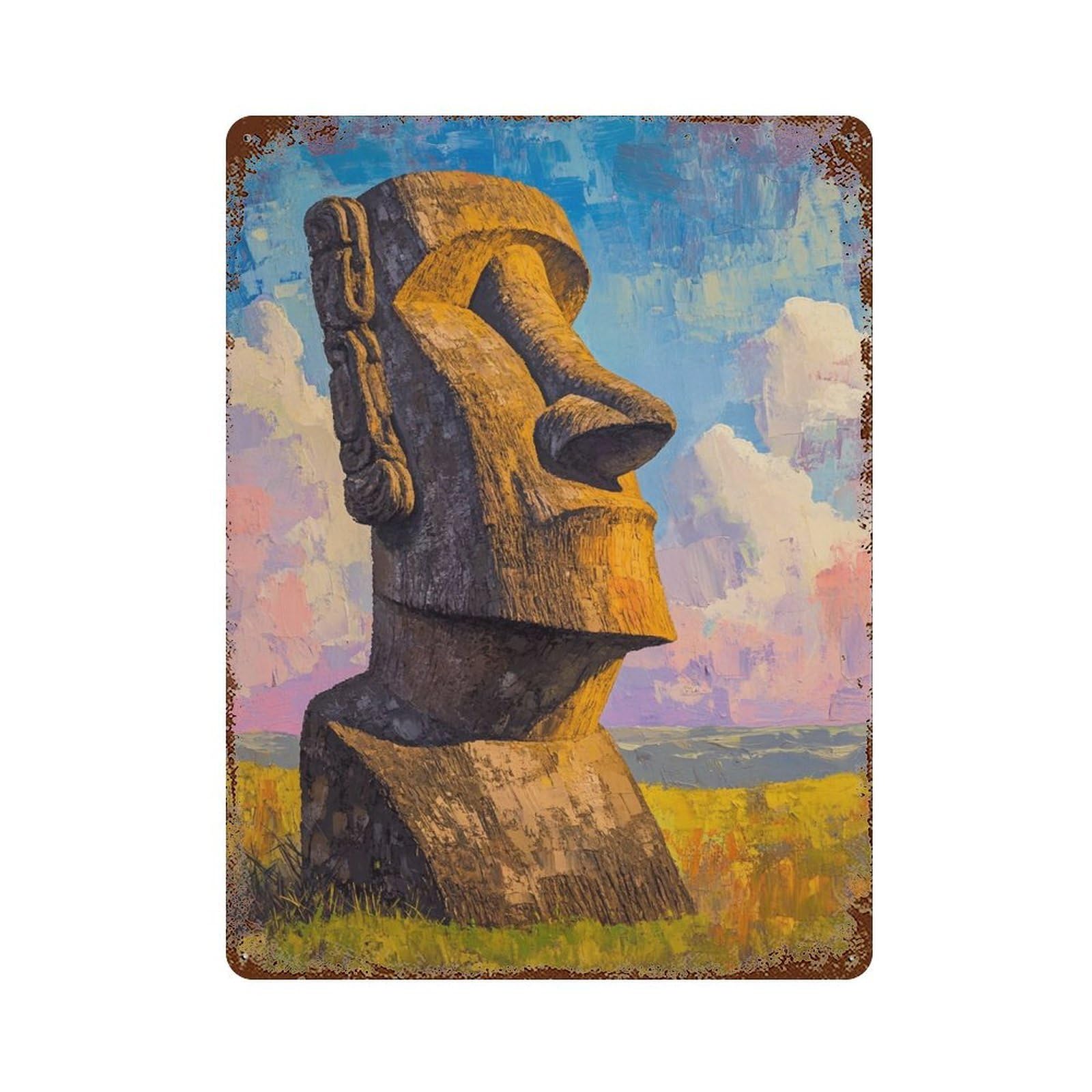 Rapa Nui Moai Statue Painting Vintage Wall Sign 15.7"x11.8", Rust Effect Metal Decor for Bistro, Counter And Cafe Decor