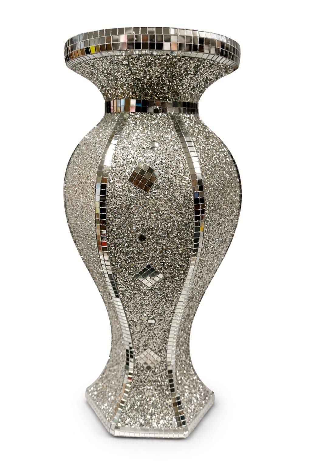 Silver Crushed Diamond Decorative Vase – 40cm Sparkly Glitter Mosaic Crystal Flower Vase Ornament for Living Room, Bedroom, Office & Wedding Centerpiece Home Décor