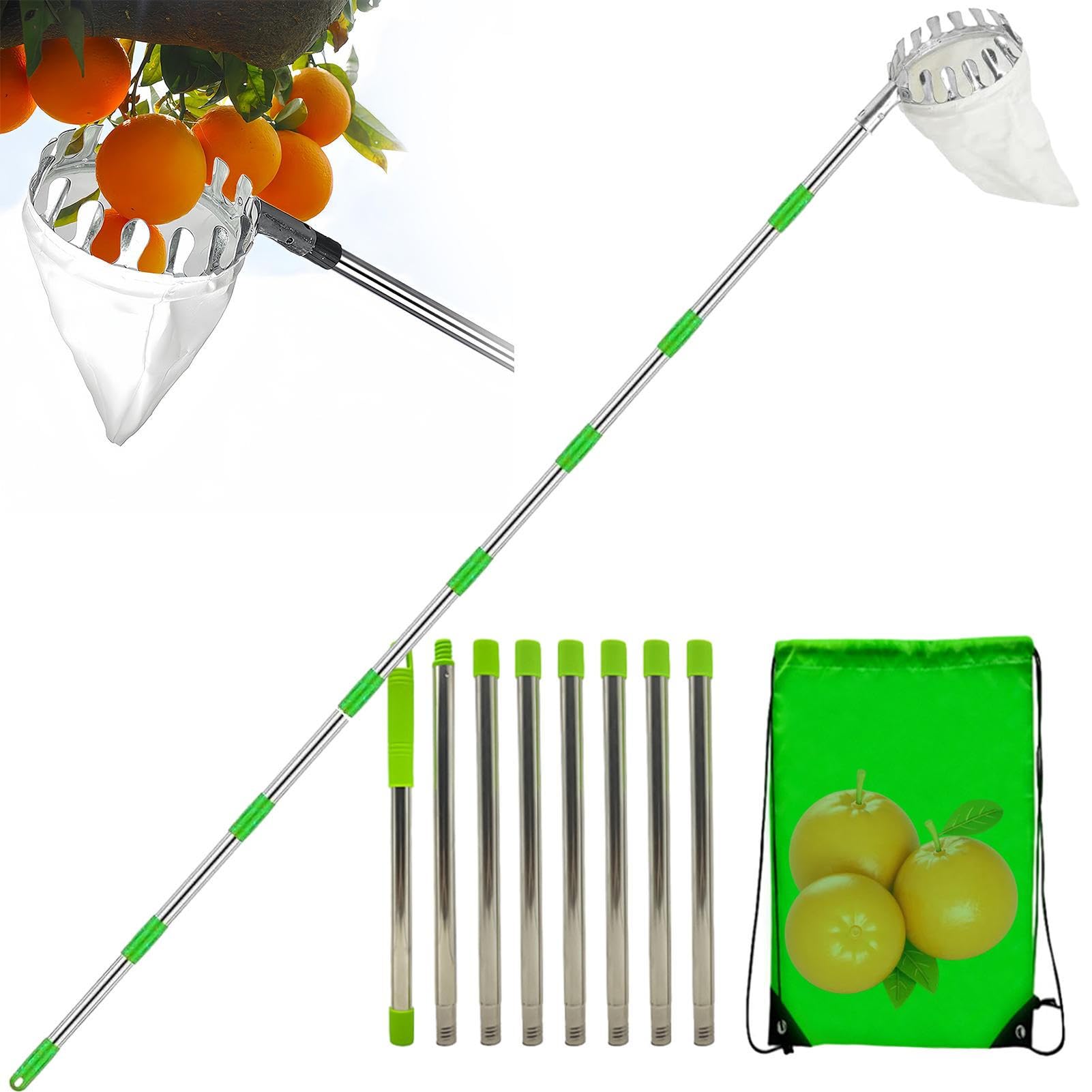 Fruit Picker Pole with Basket, 2025 New Fruit Picker Head Basket with Telescopic Extendable Pole, High Altitude Portable, Metal Head Fruits Picking Harvester Non Slip Grip for Harvesting