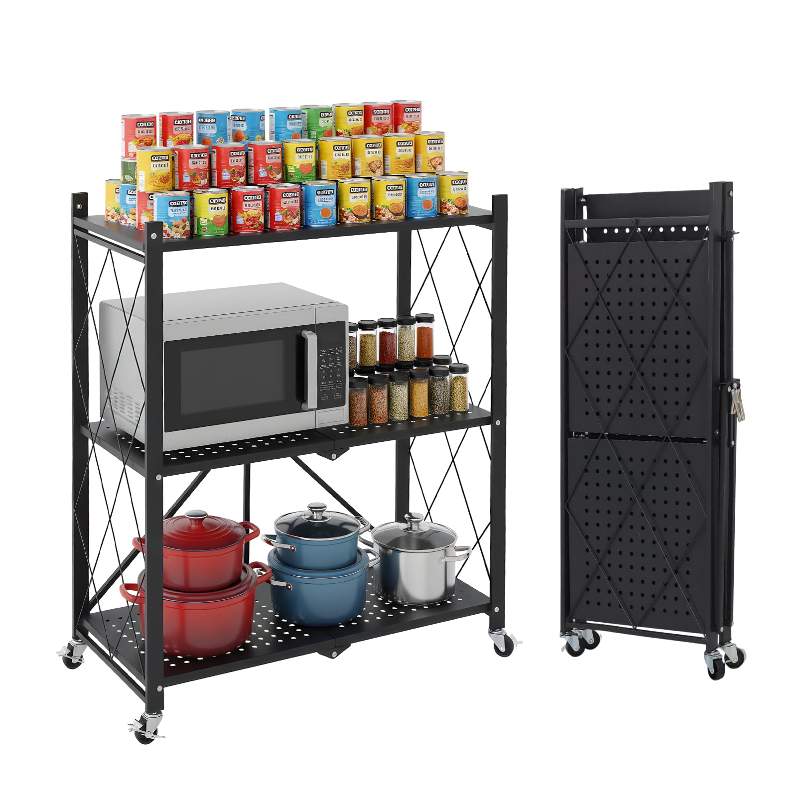 3 tier foldable storage shelves with wheels, metal collapsible organization storage rack, no assembly folding bookshelf, rolling storage rack for kitchen, bedroom, pantry, garage, display, black