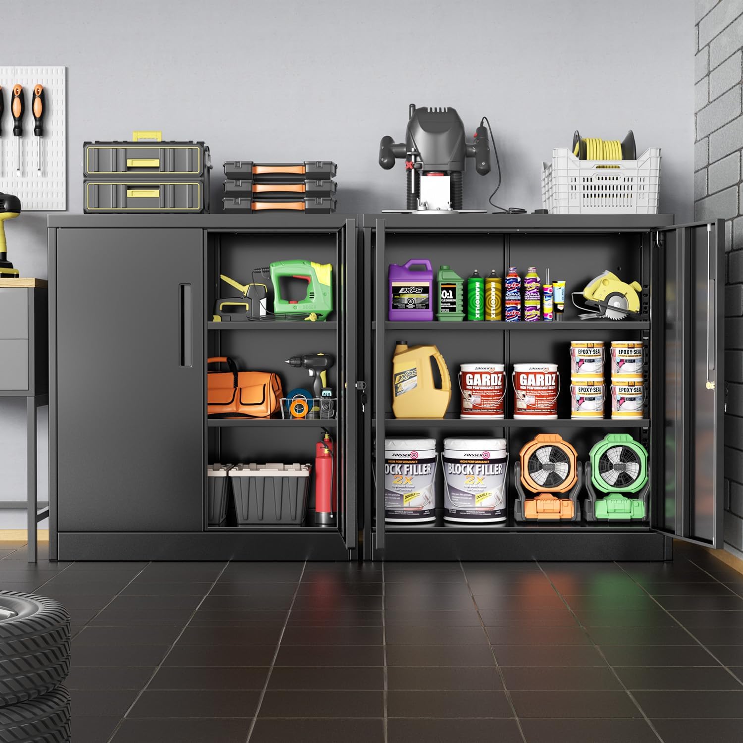 Superday 36" Locking Garage Storage Cabinet, Black Metal Storage Cabinet with Locking Doors and Adjustable Shelves, Steel Lockable Cabinets, Tool Cabinets for Home Office Garage School
