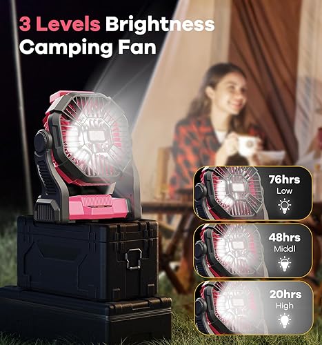 Miniatura 4 de Ventilador de camping portátil con batería de 20000 mAh, con luz LED, funciona con batería silenciosa, equipo de campamento para viajes, tienda de
