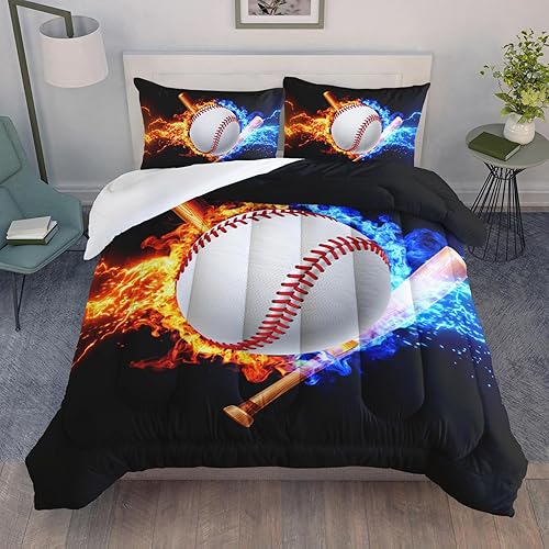 Miniatura 2 de Juego de edredón de béisbol tamaño matrimonial, juego de edredón para niños con fuego y agua, juego de ropa de cama de 3 piezas con 2 fundas de