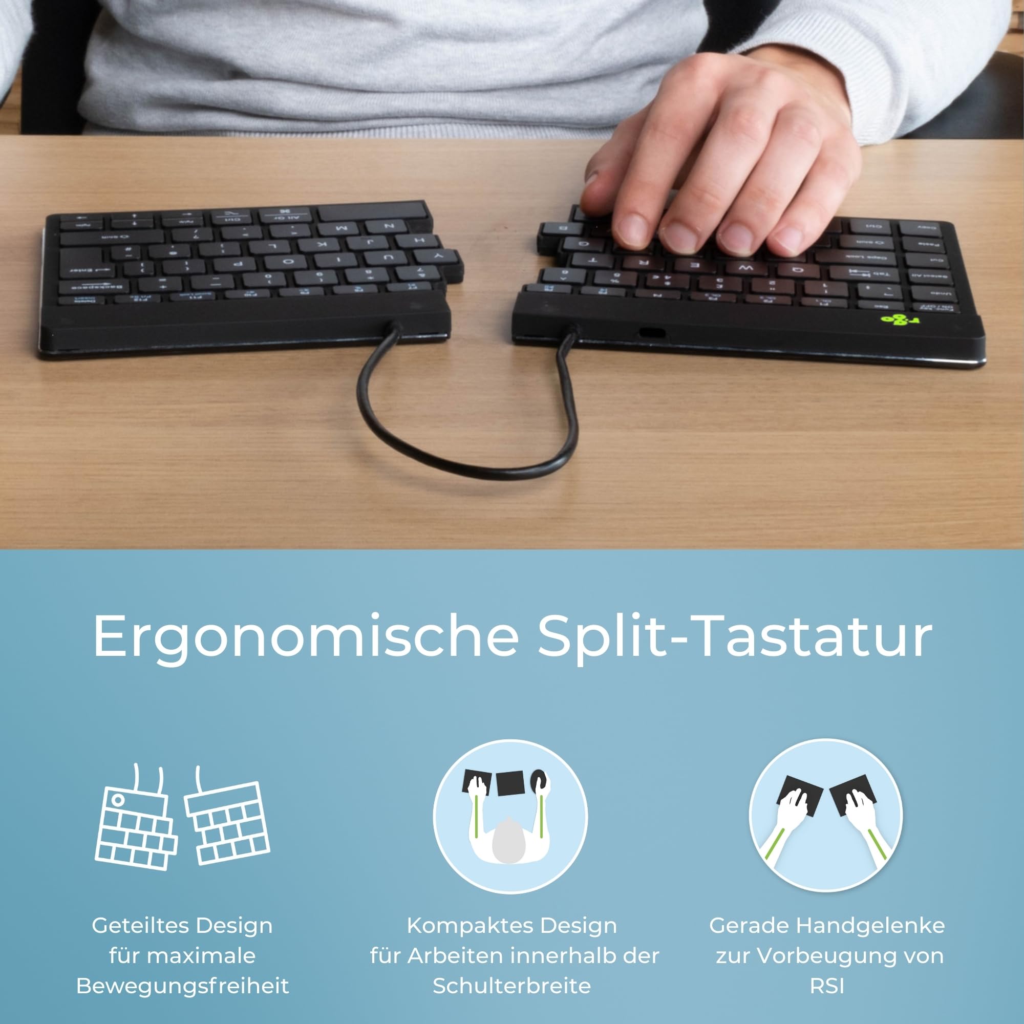 R-Go Split Break Tastatur mit Tasche - QWERTZ (DE) - Bluetooth Kabellos - Ergonomische Split-Tastatur wiederaufladbar - Filz-Etui - Anti-RSI - Schwarz