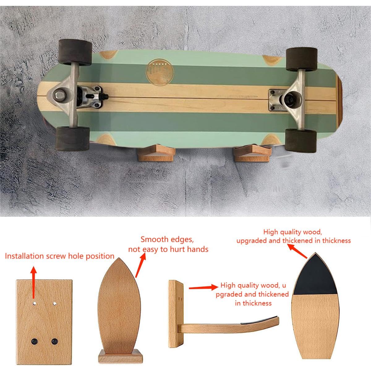 LITAITAI Surfboard Wall Mount Rack, Skateboard Display Stand, with Anti Slip Rubber Pads, Suitable for Longboards, Skateboards, Snowboards, Skiing Boards, Bamboo